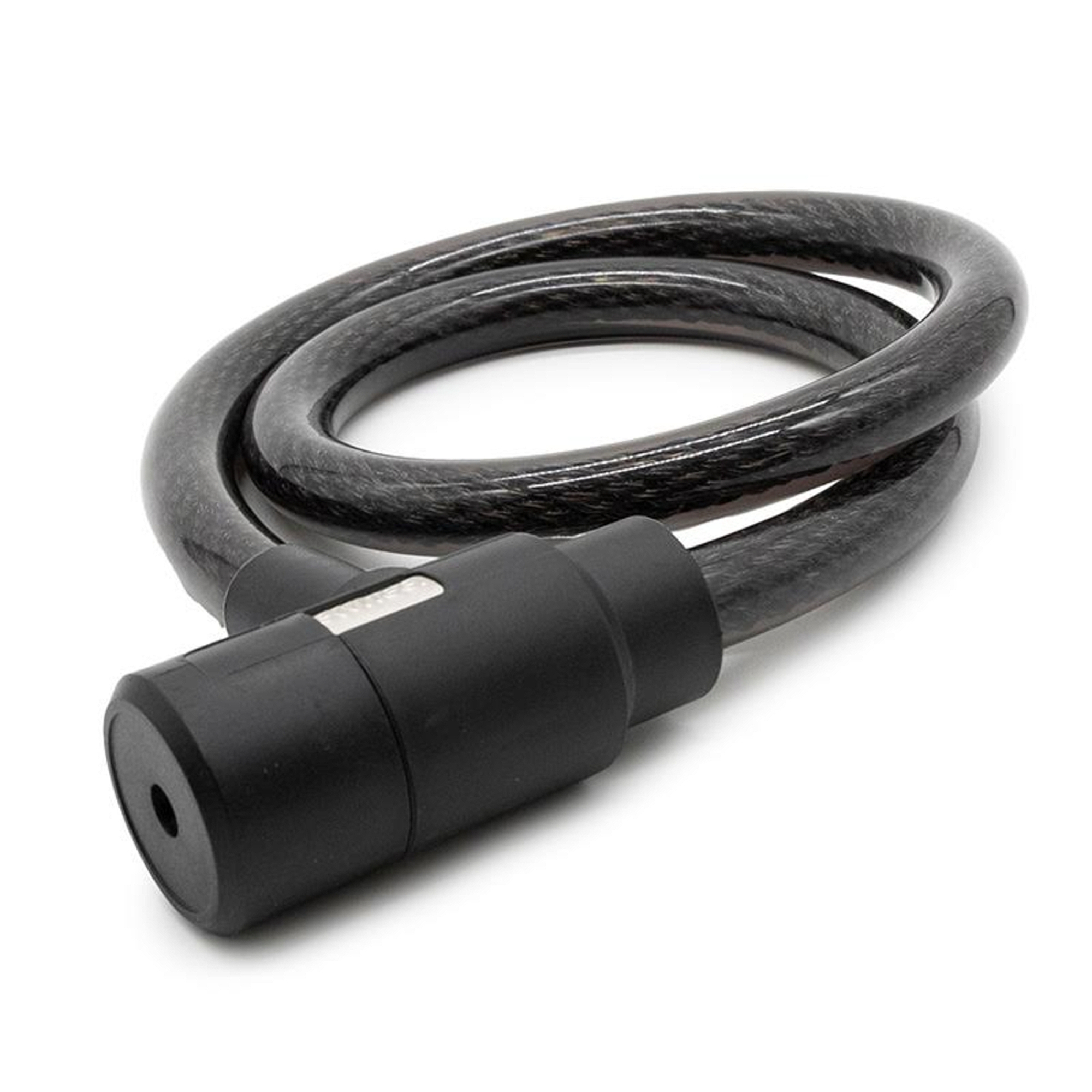 Un candado de cable negro con un cilindro y cadena sobre fondo blanco.