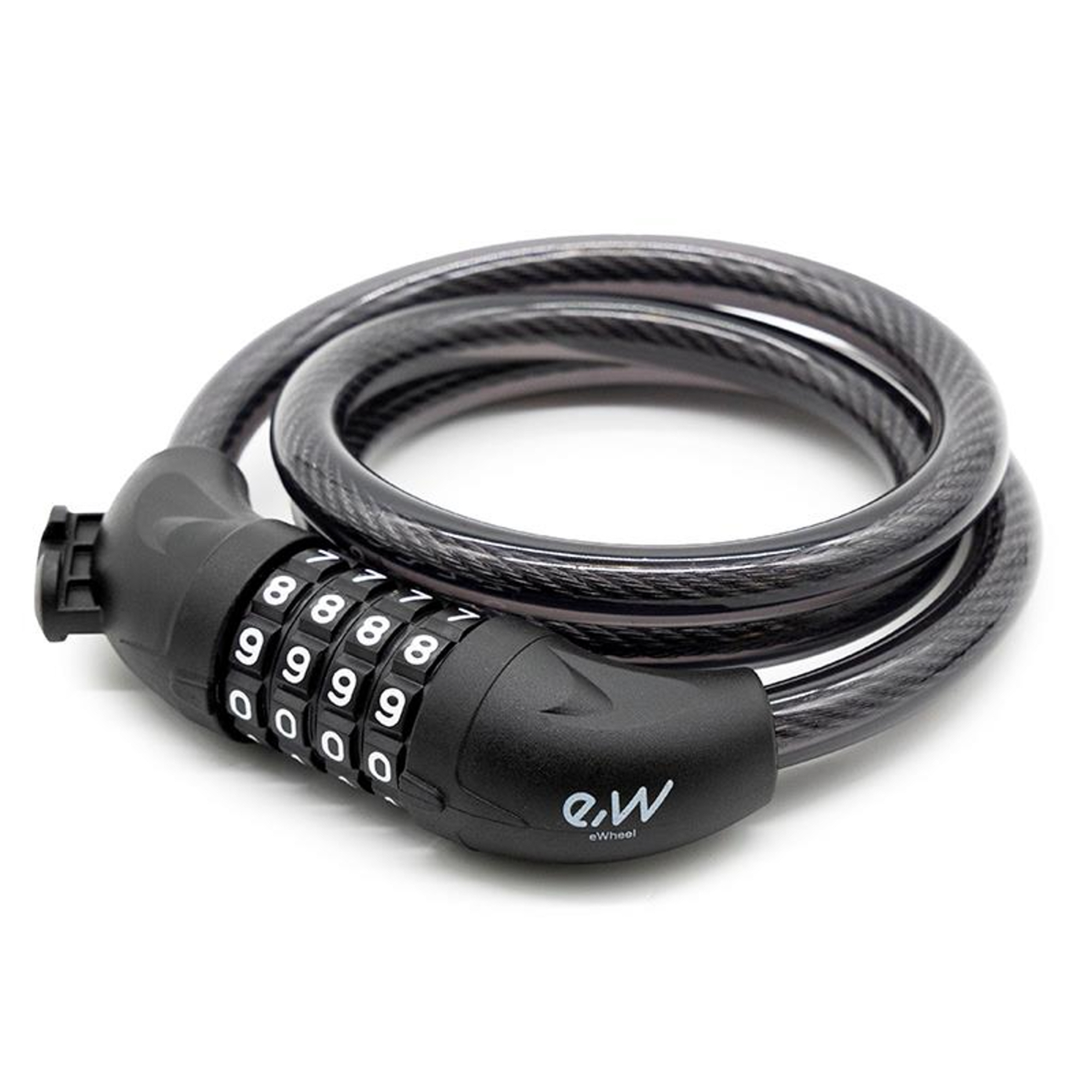 Un candado de cable negro con combinación numérica sobre fondo blanco.