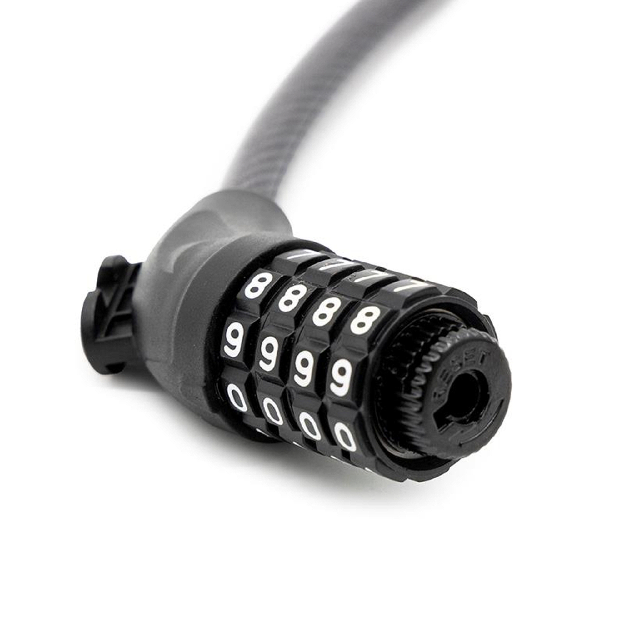 Un candado de combinación negro con un lazo de cable sobre fondo blanco.