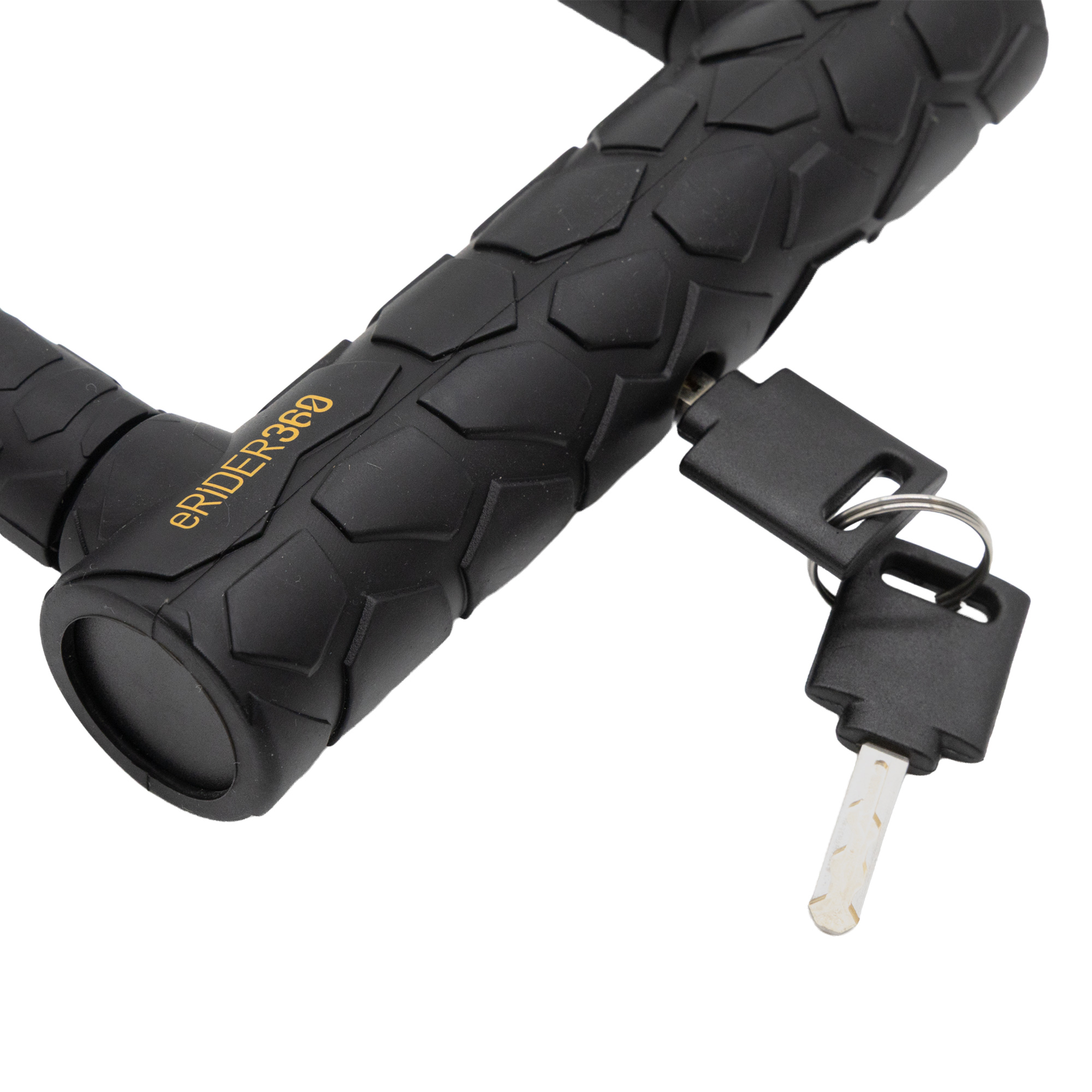 Candado negro para bicicleta con patrón y dos llaves.