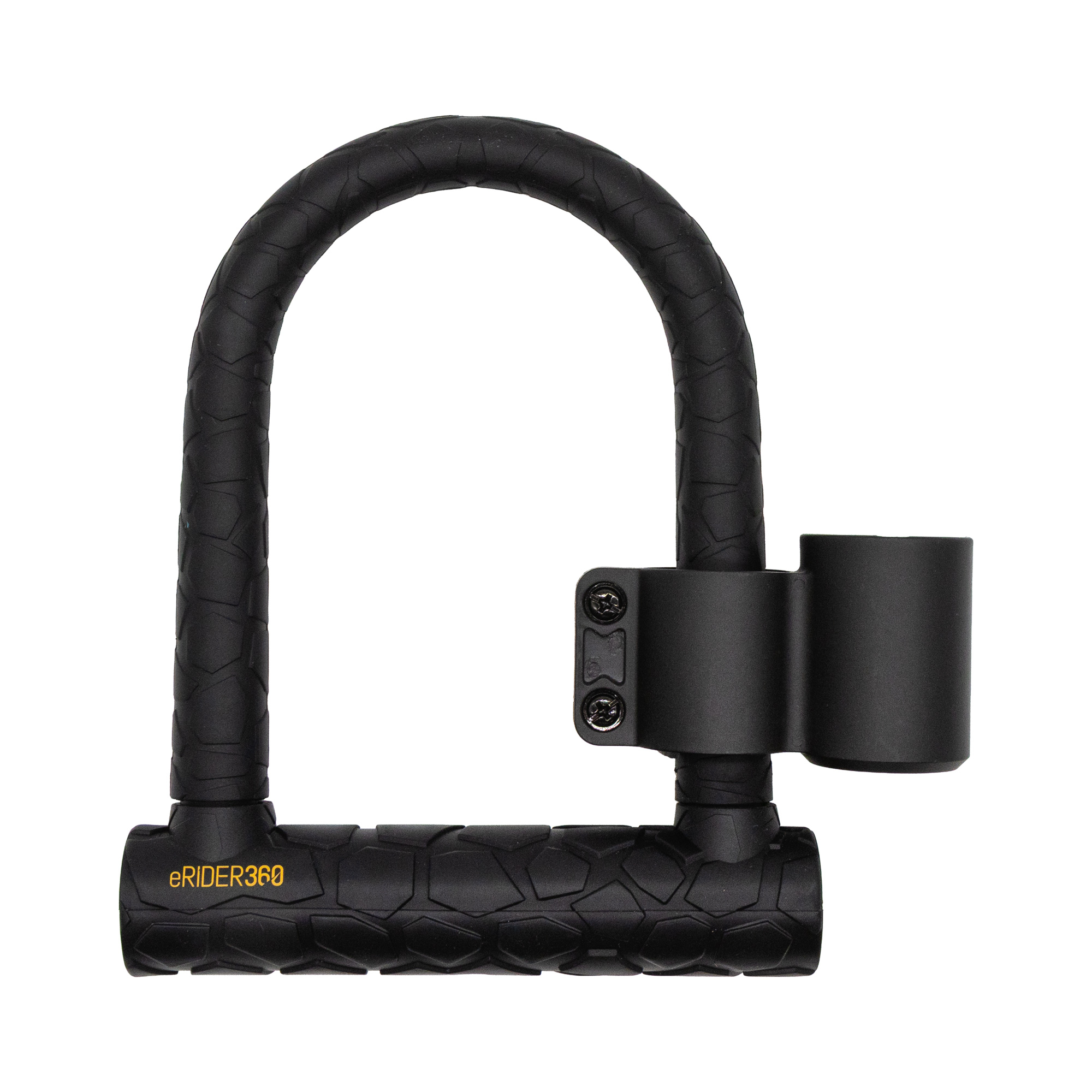 Un candado en U negro para bicicleta con patrón hexagonal y logo eRIDER360.