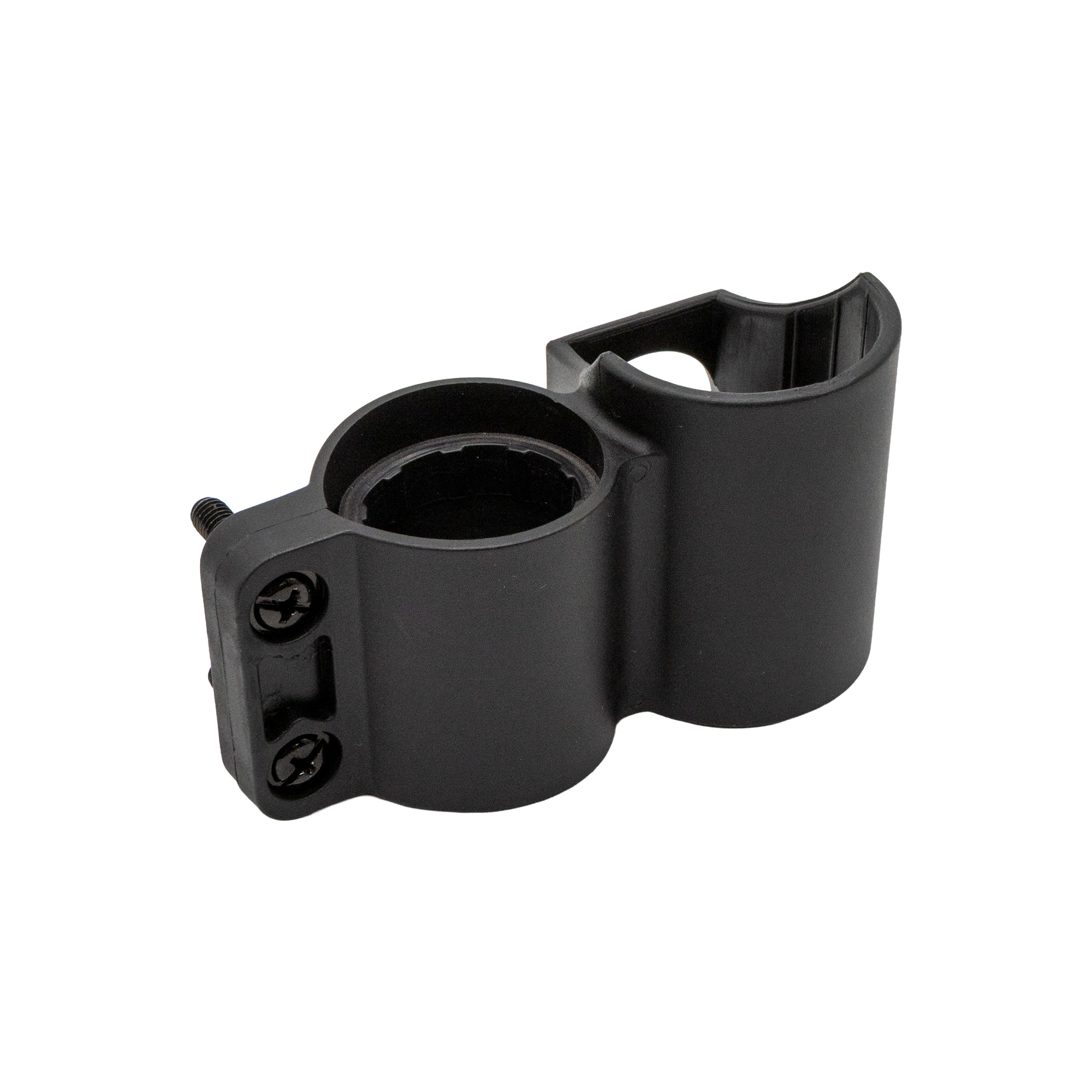 Soporte de plástico negro con dos aberturas circulares y tornillos.