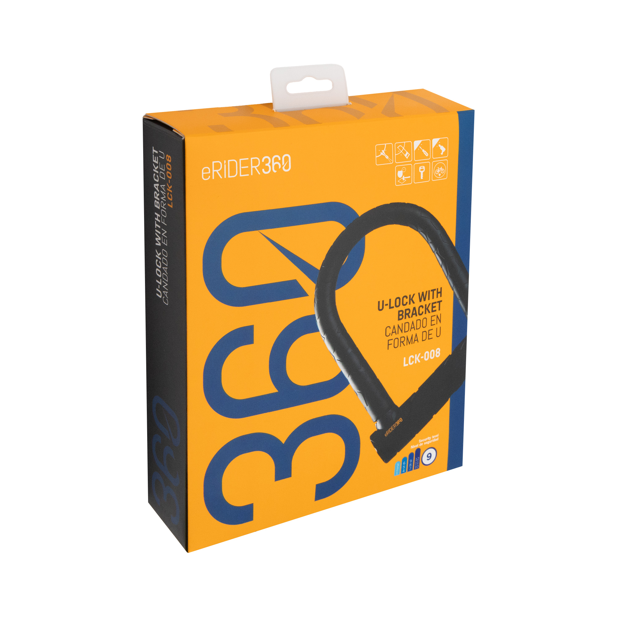 Caja naranja para un candado en U negro con gráfico azul 360. Incluye nivel 9.