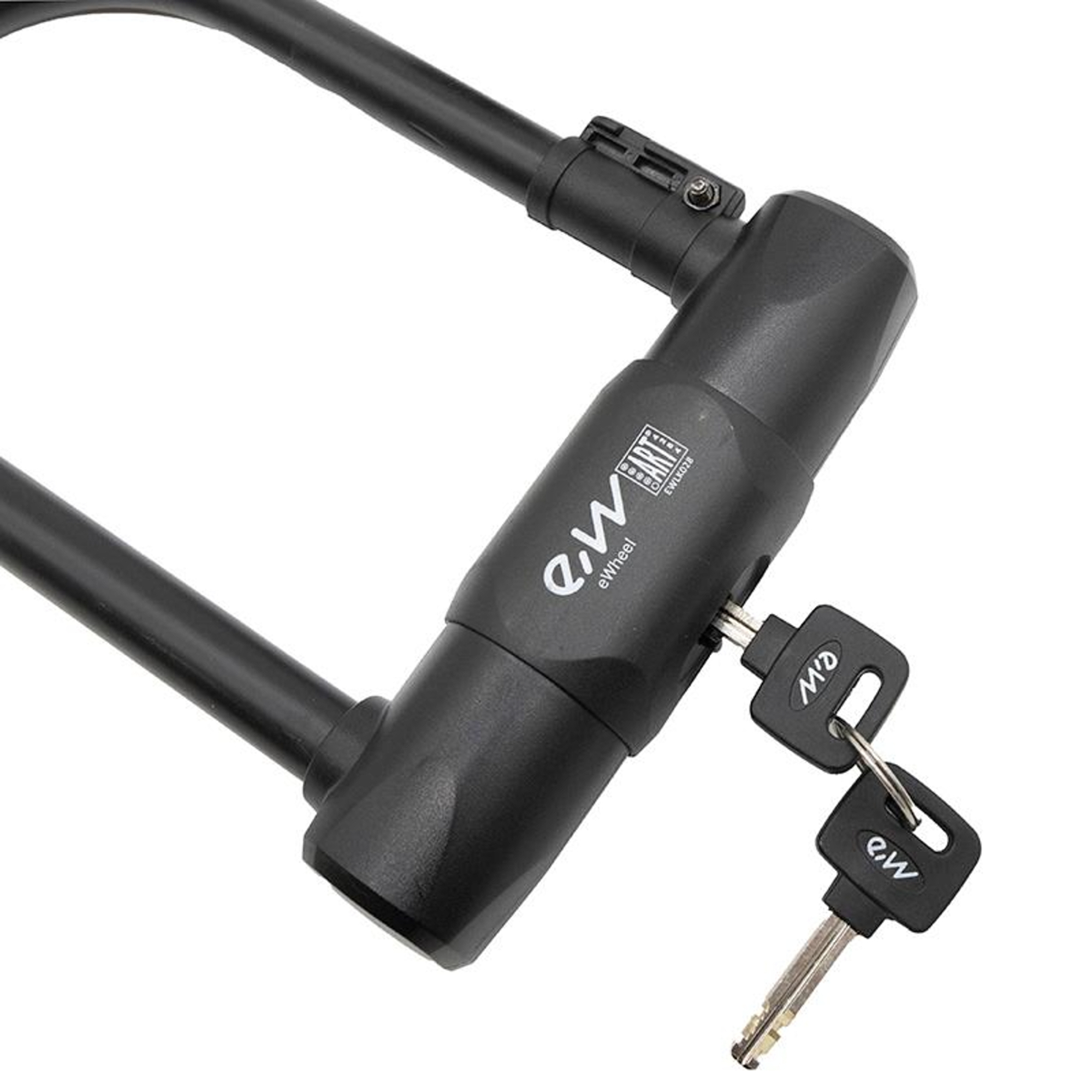 Candado en U negro para bicicleta con dos llaves insertadas.