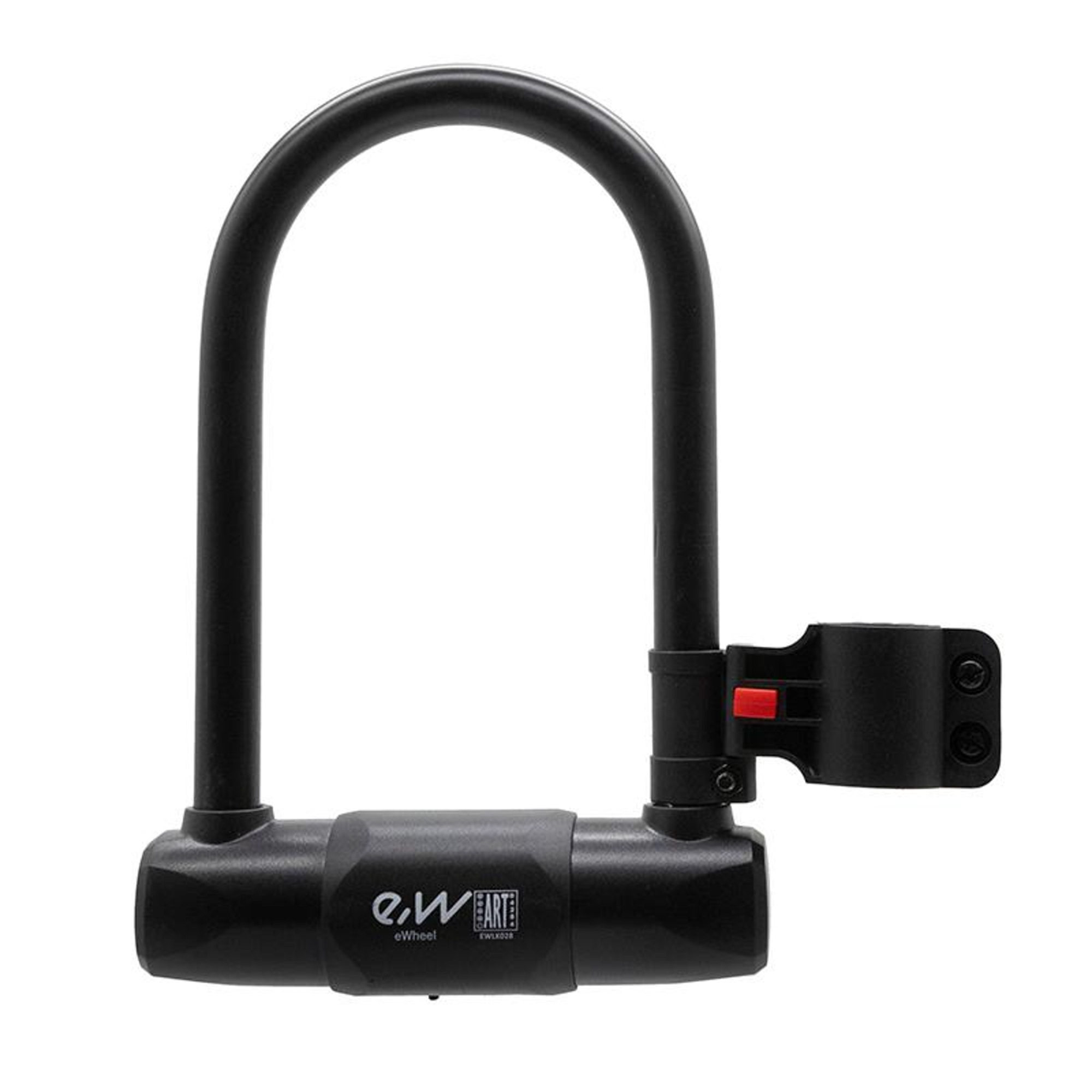 Un candado en U negro para bicicletas con botón rojo y soporte.