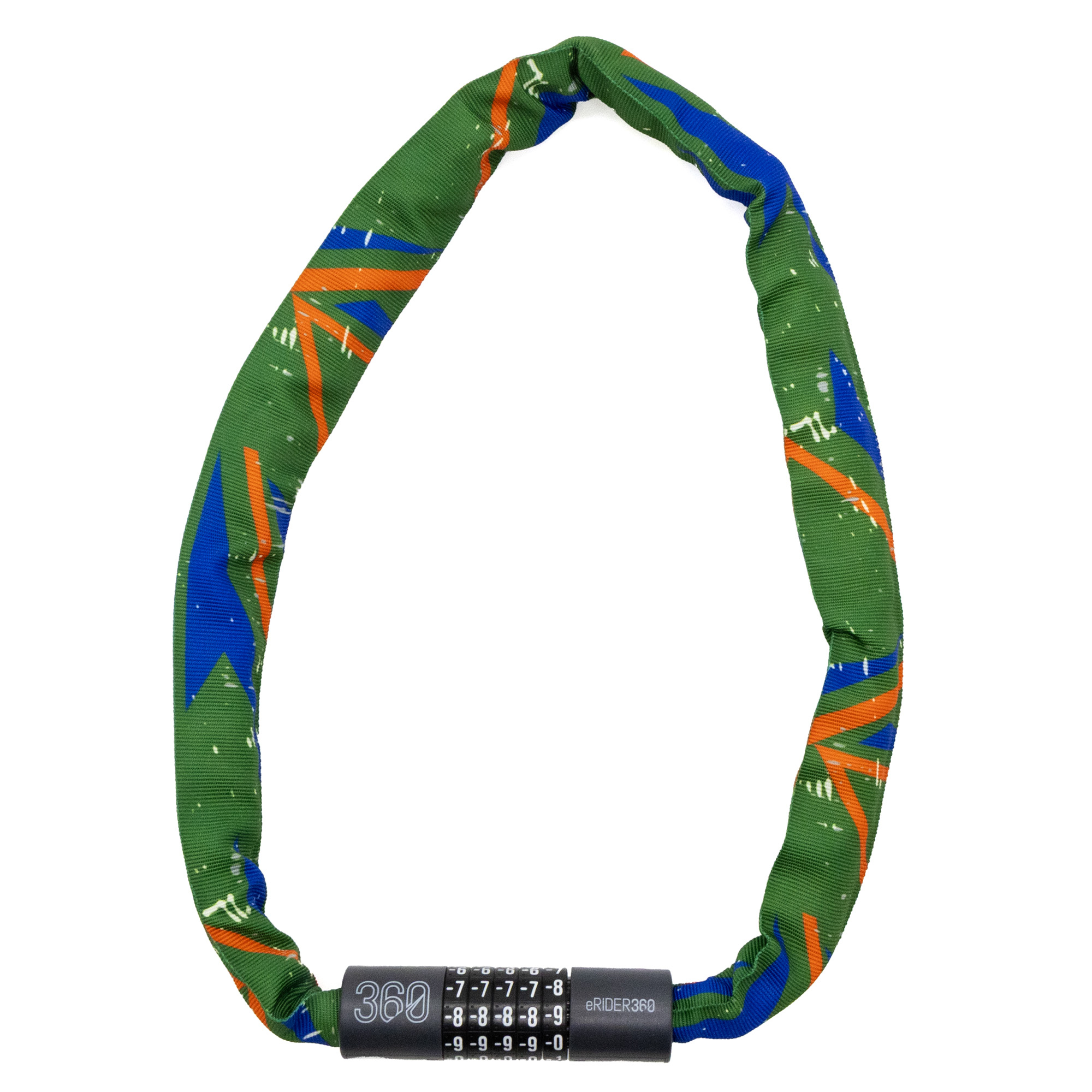 Cable de cadena verde con patrón azul-naranja y candado de combinación.