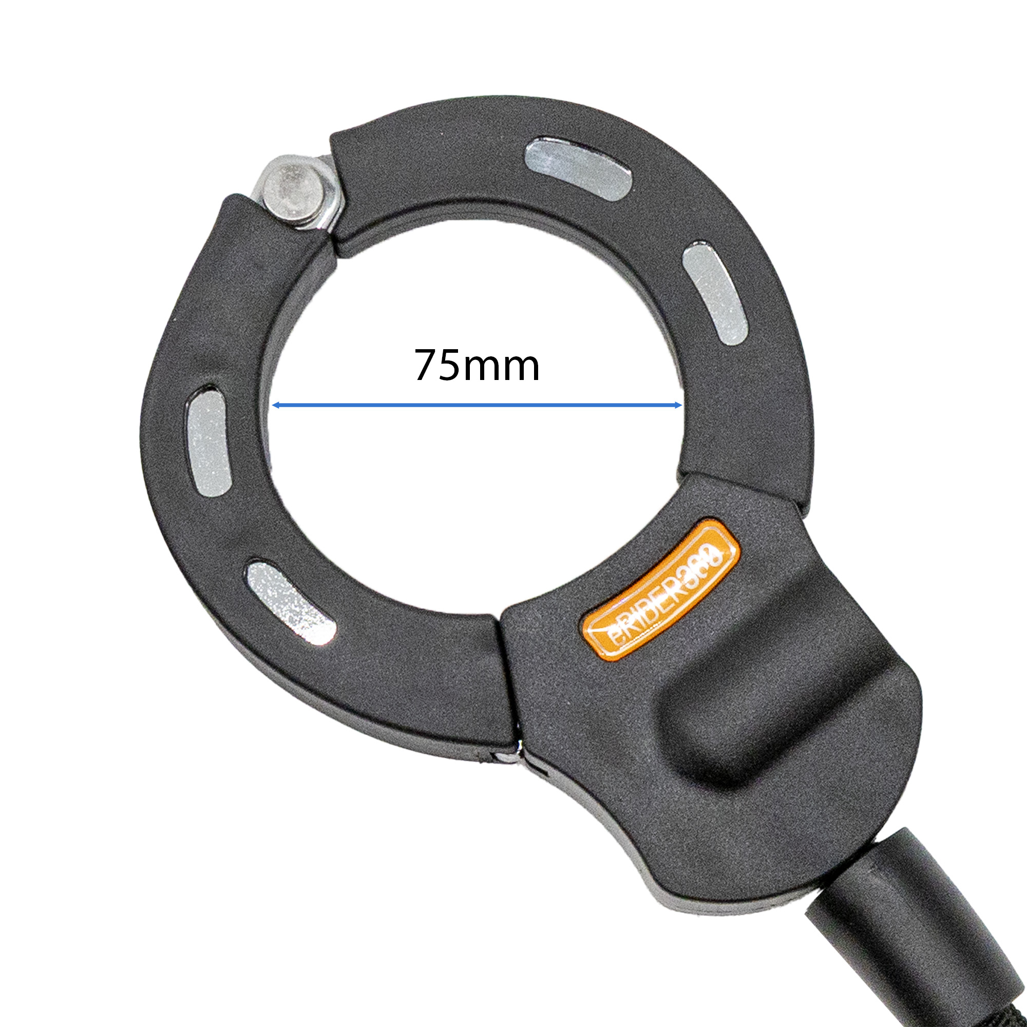 Abrazadera de candado de bicicleta negra de 75 mm de diámetro con acentos plateados.