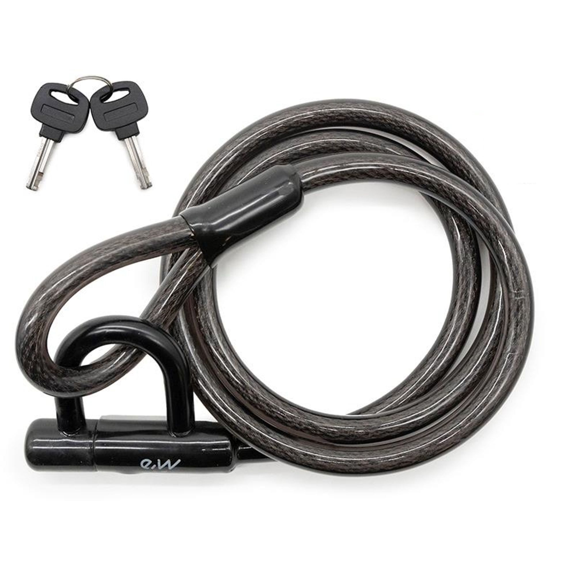 Un candado negro para bicicleta con dos llaves sobre fondo blanco.