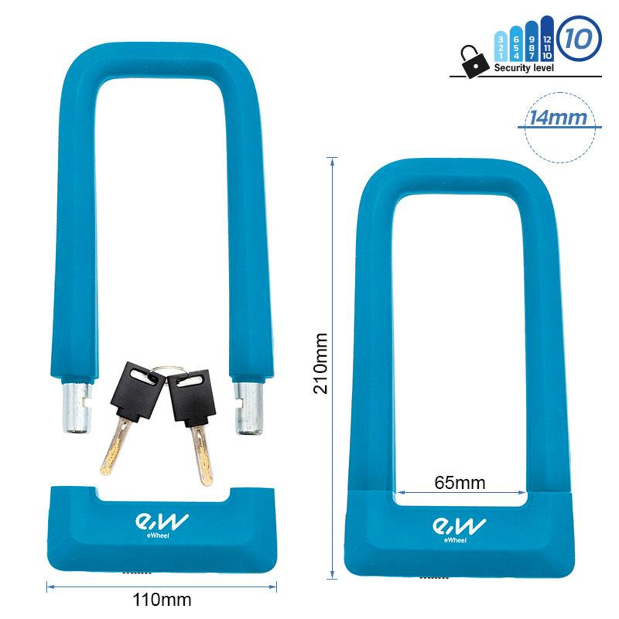 Dos candados azules para bicicleta, uno con llaves, mostrando medidas y nivel de seguridad.