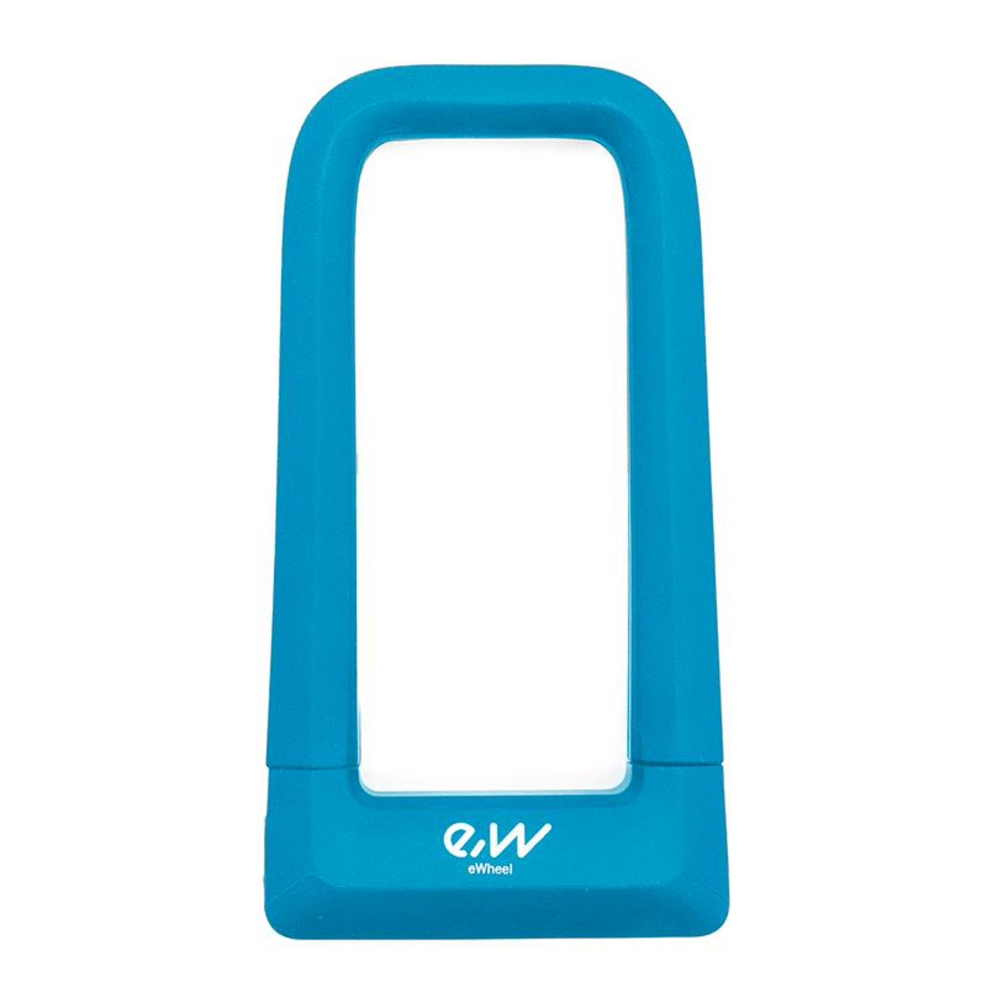 Un candado en U azul brillante con el logo de eWheel sobre fondo blanco.