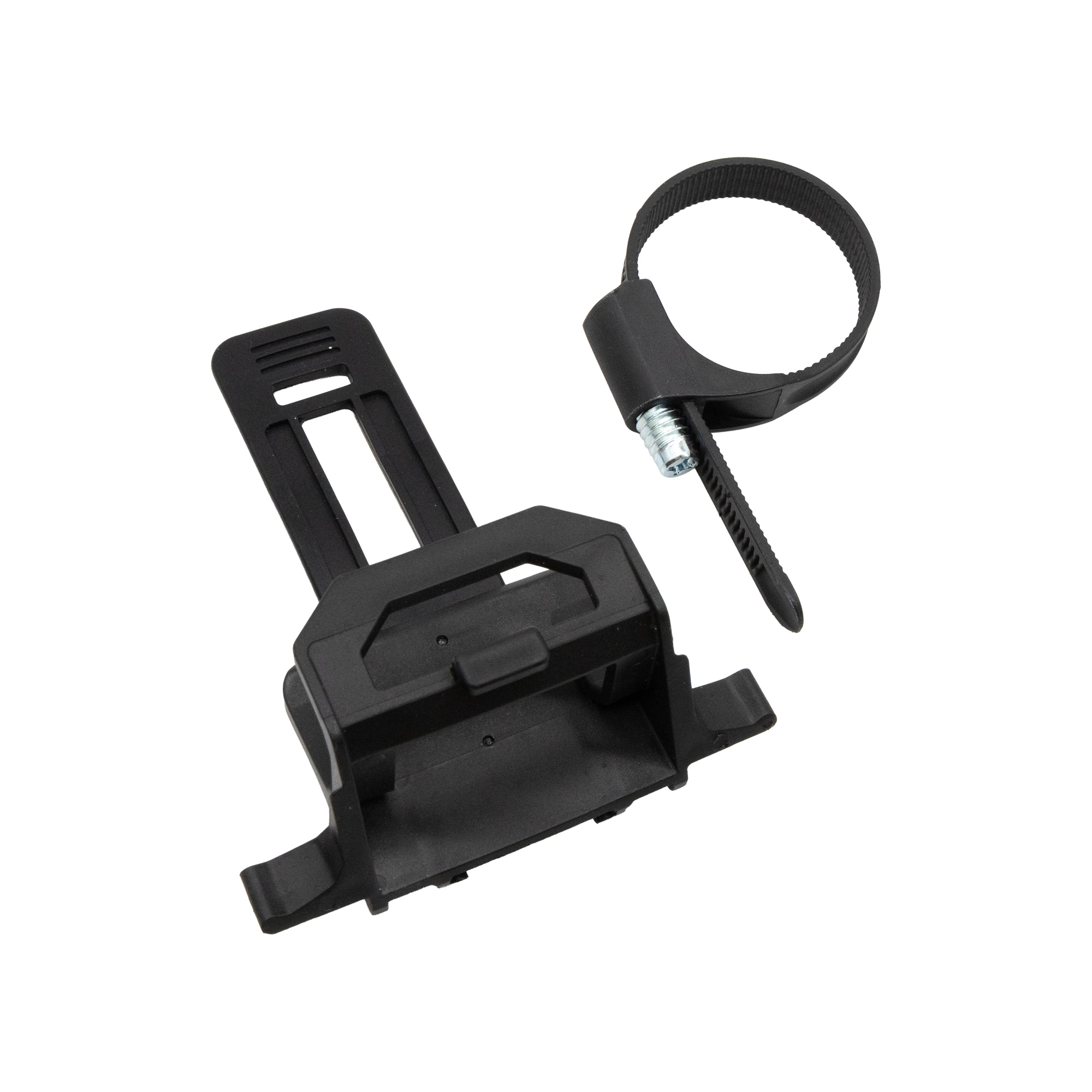 Soporte de bicicleta de plástico negro con correa y tornillo metálico.