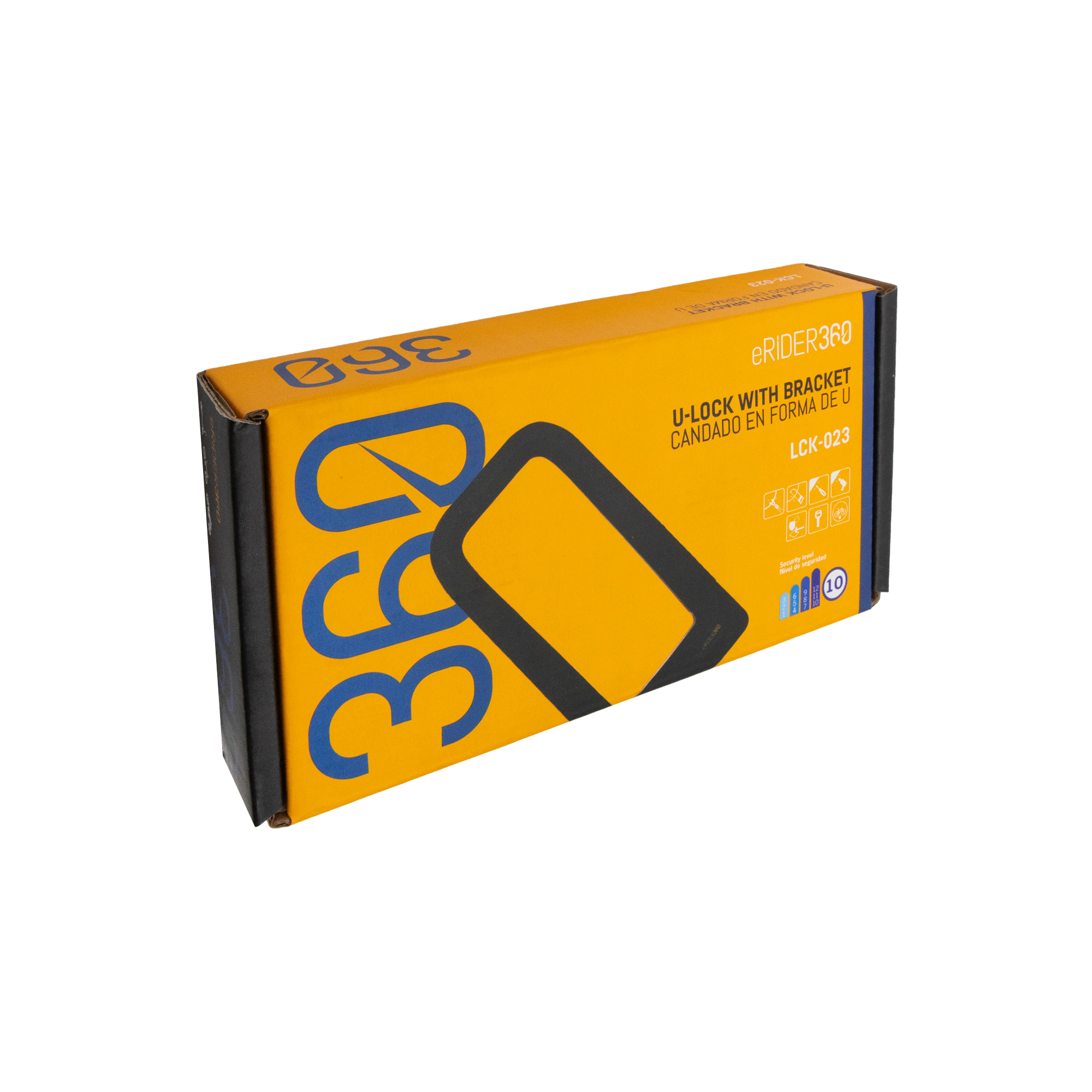 Caja naranja con símbolo de U-lock negro y texto.