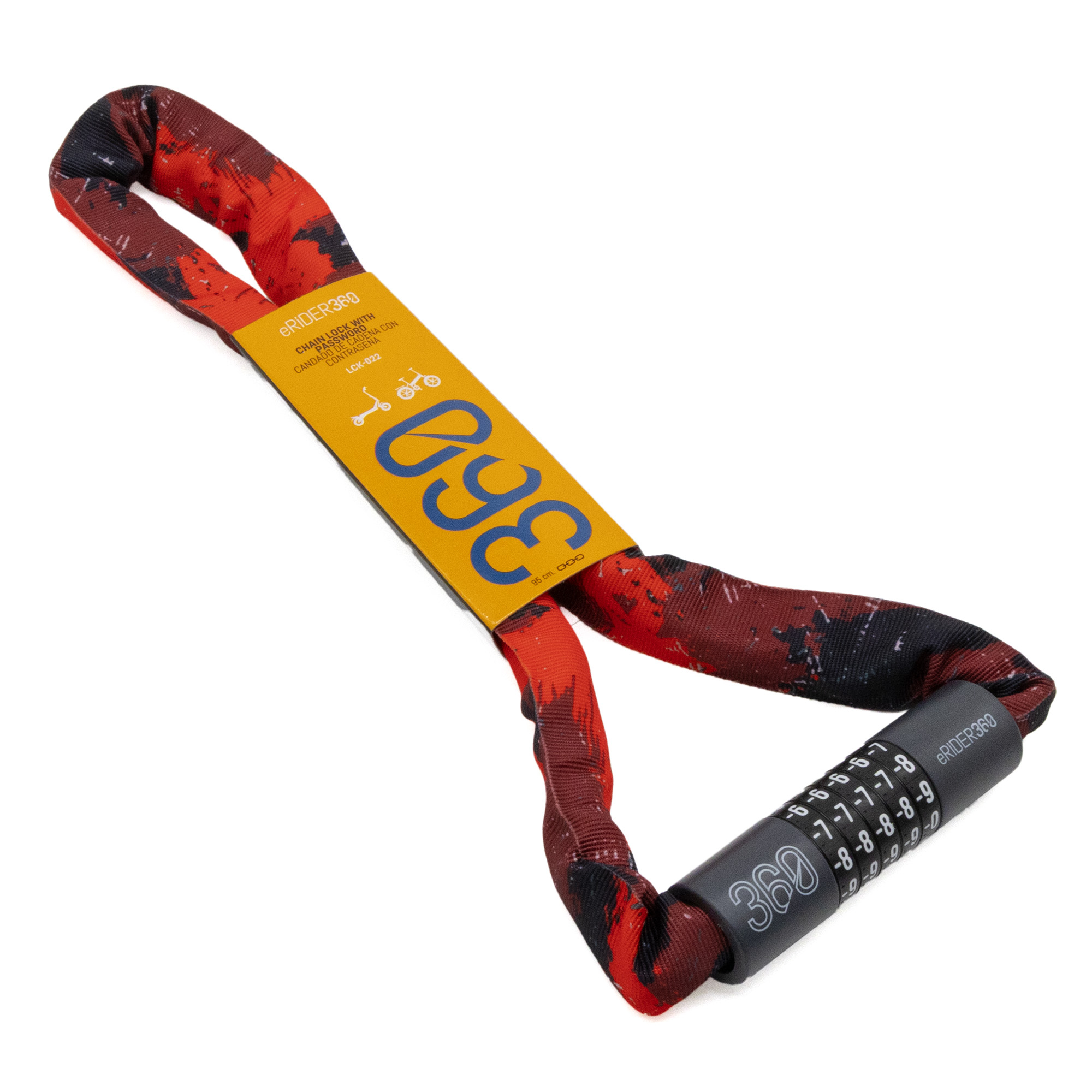 Un candado de cadena rojo y negro con cerradura de combinación y el logo 360.