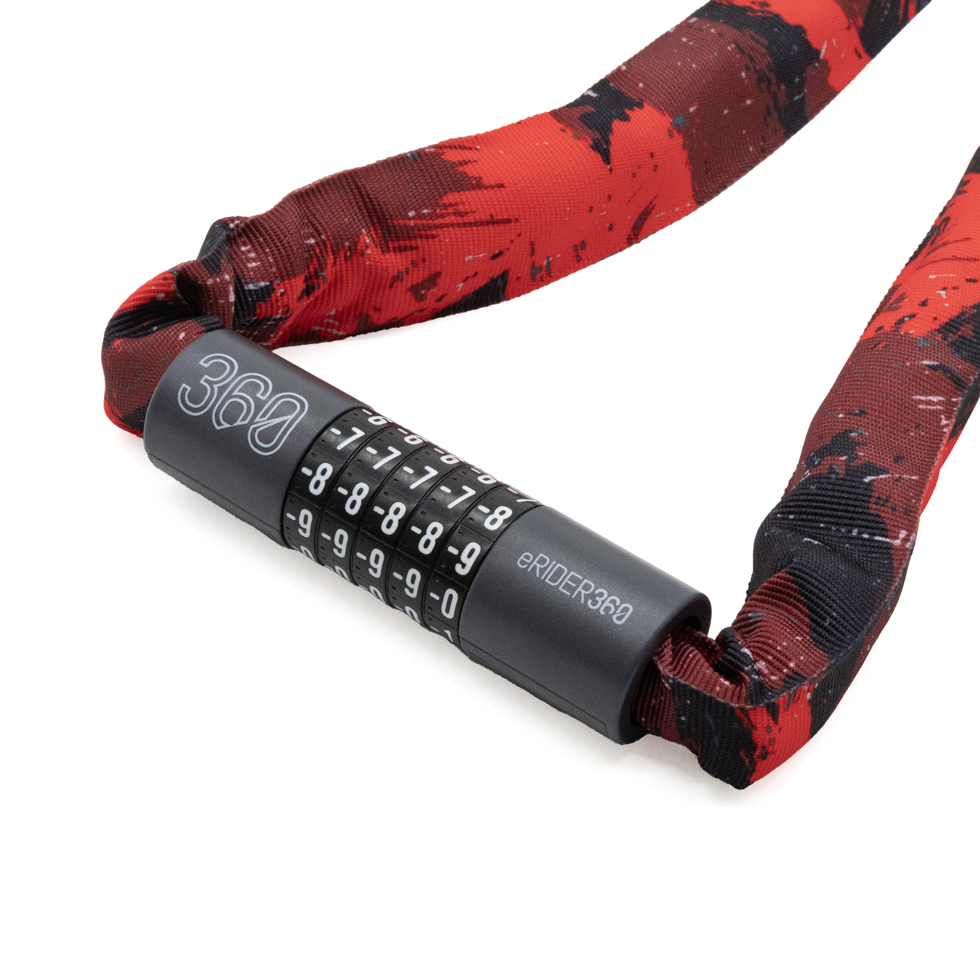 Un candado de cadena rojo y negro con cerradura de combinación y el logo 360.