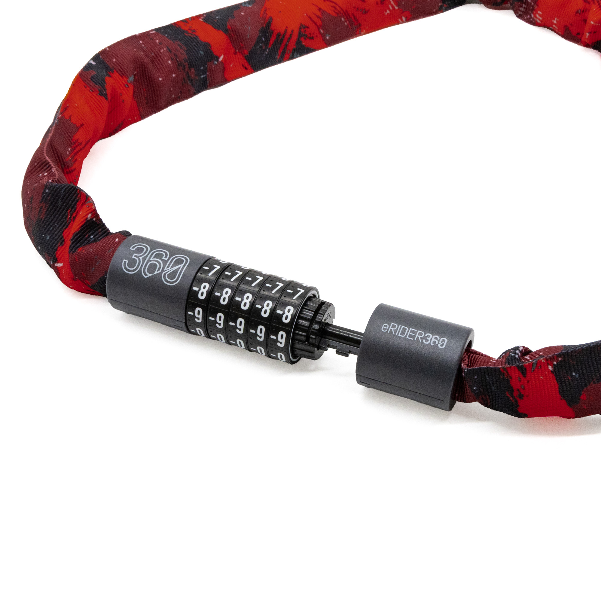 Un candado de cadena rojo y negro con mecanismo de combinación.