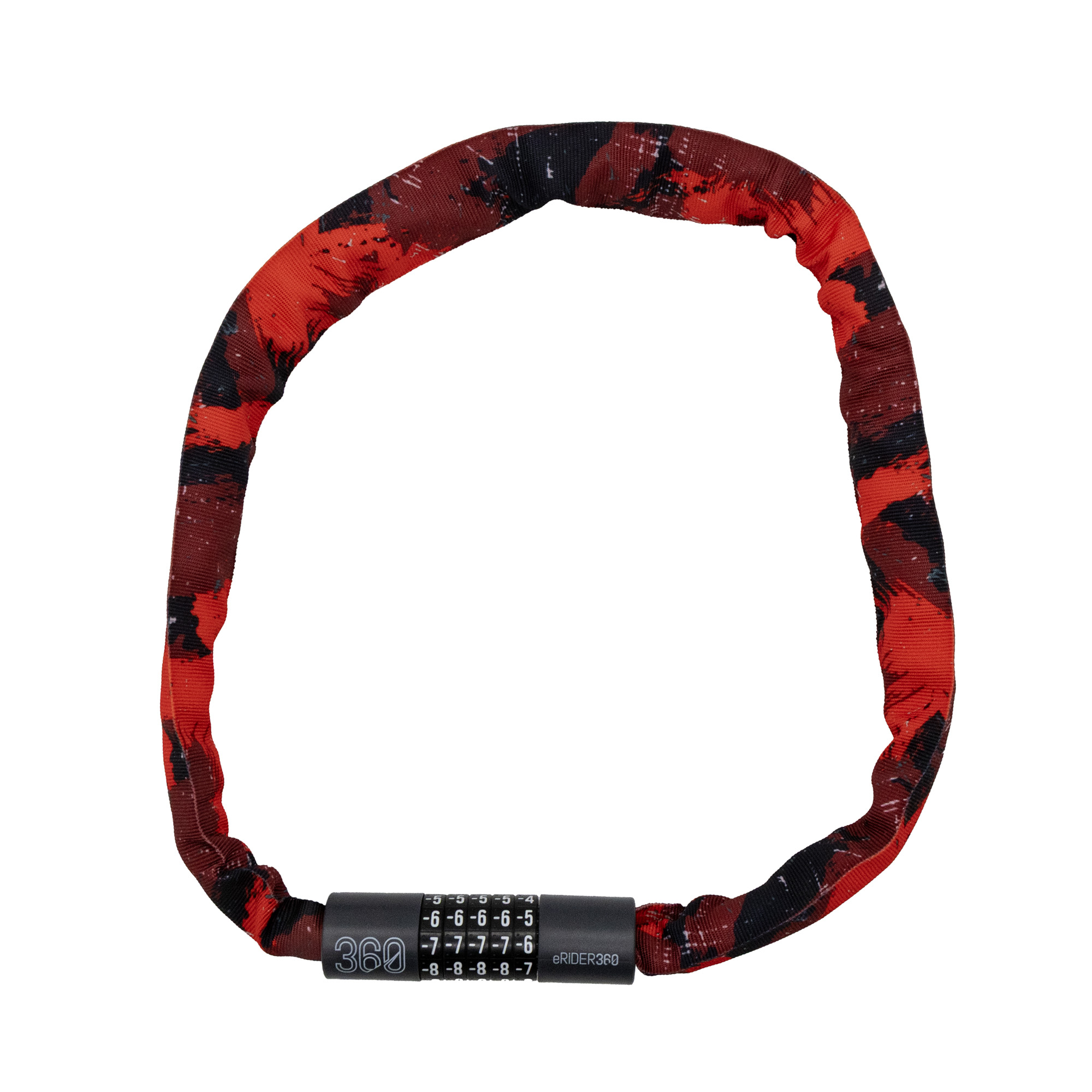 Un candado rojo y negro para bicicleta con cerradura de combinación.