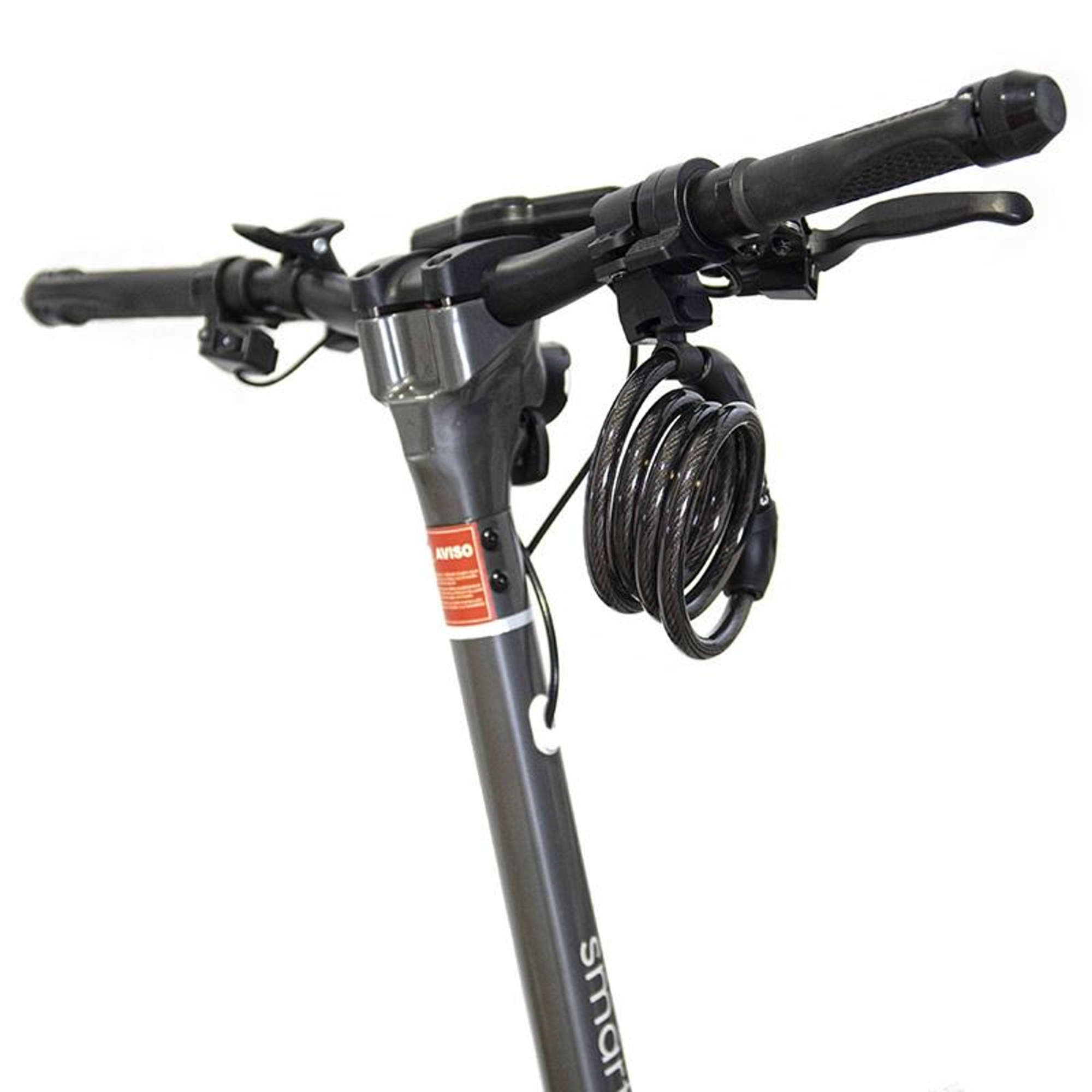 Manillar de patinete gris con candado enrollado negro y pegatina roja.