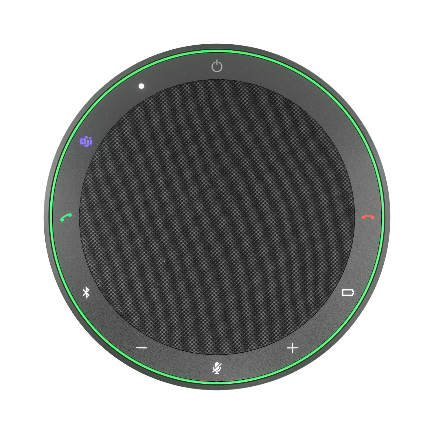 Un altavoz redondo y negro con iluminación verde e iconos.
