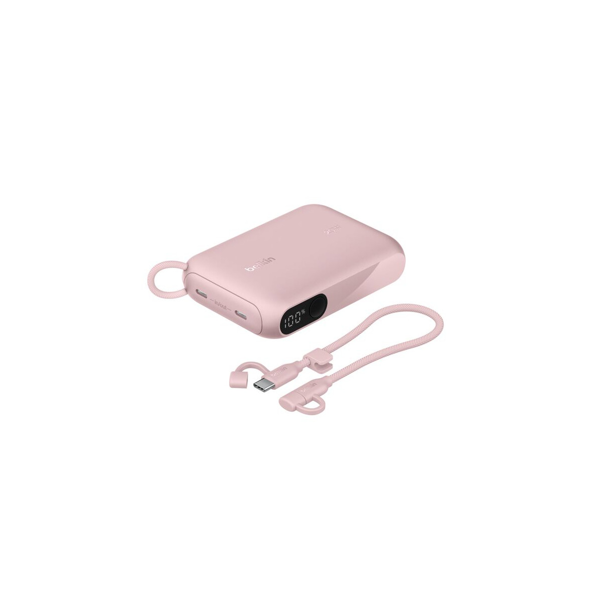 USB-C kablosu ve %100 şarj göstergesi olan pembe Belkin powerbank.