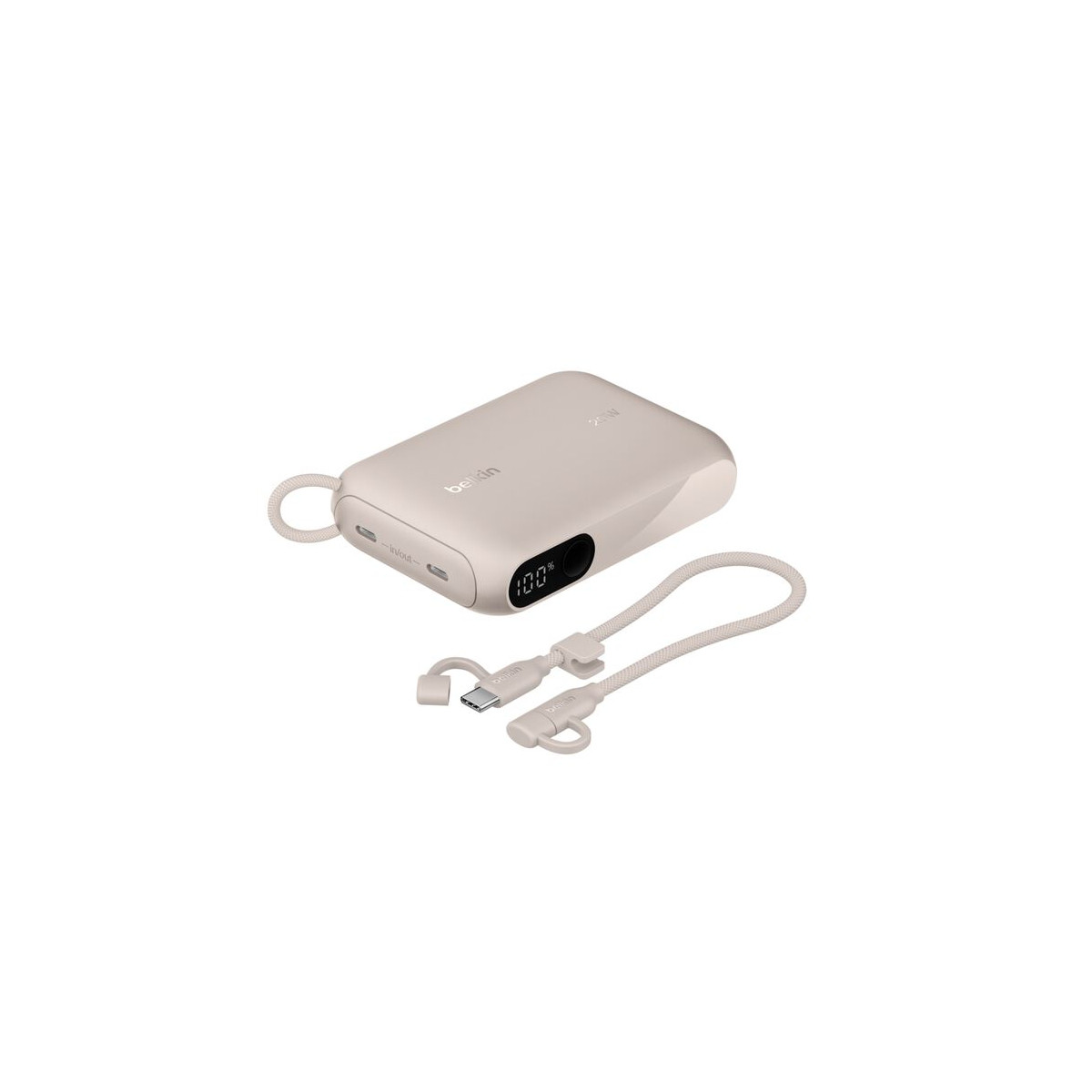 Un power bank beige con cavo di ricarica e display al 100%.
