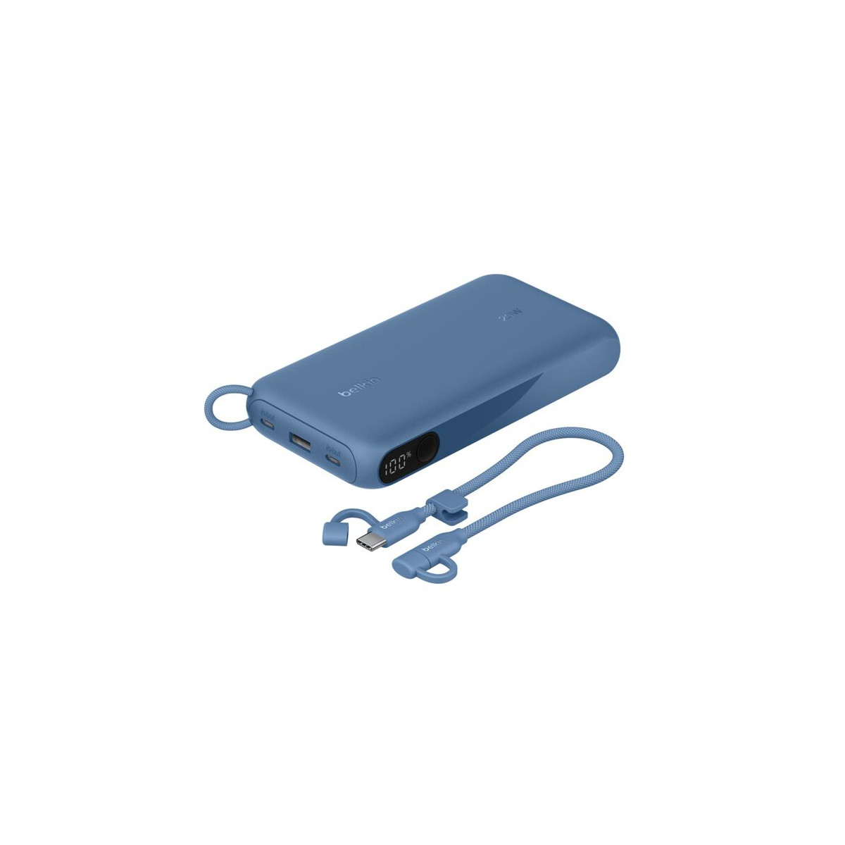 Power bank blu con display digitale e cavo USB-C.