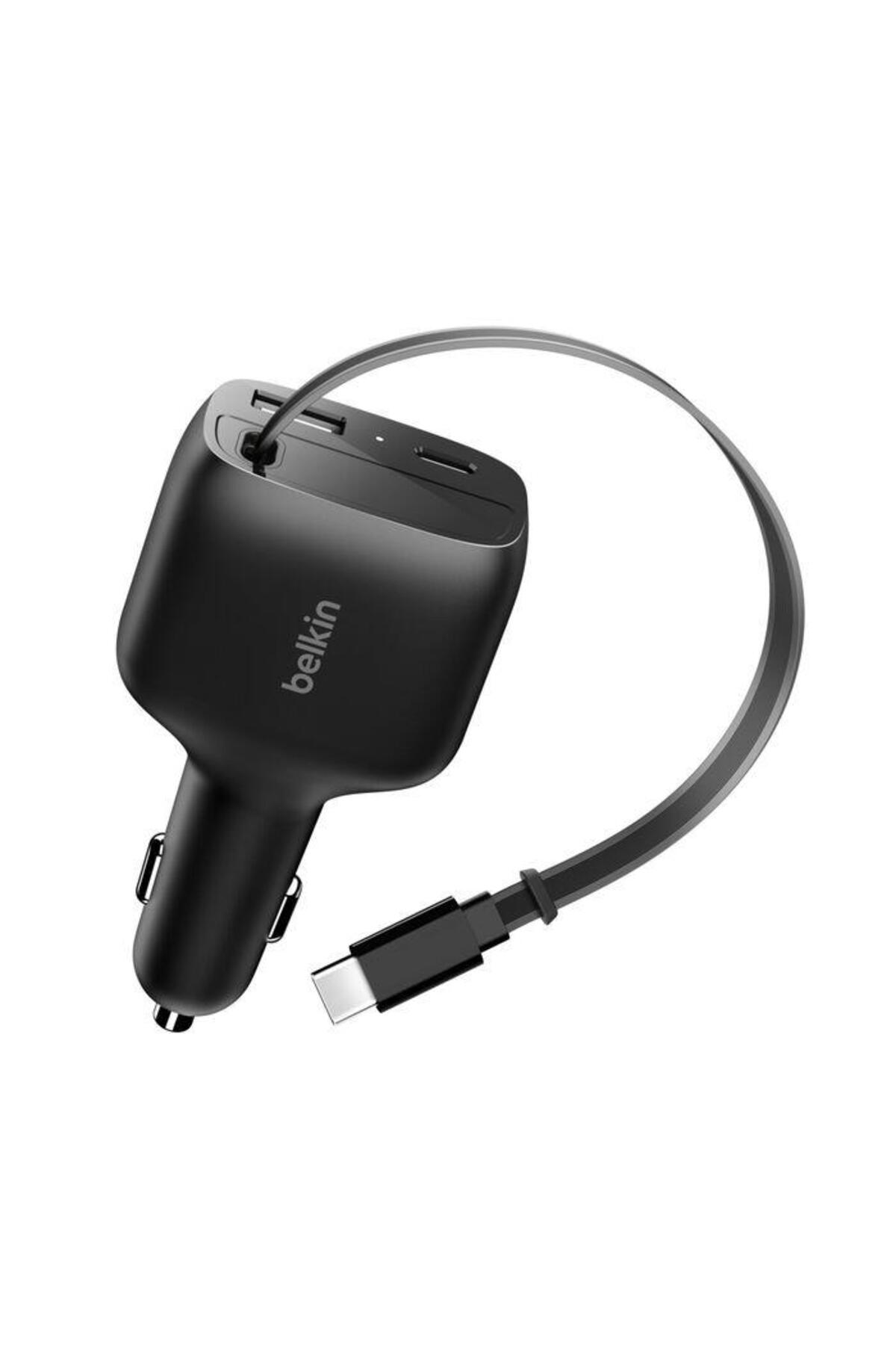 Caricabatterie auto Belkin nero con cavo USB-C.
