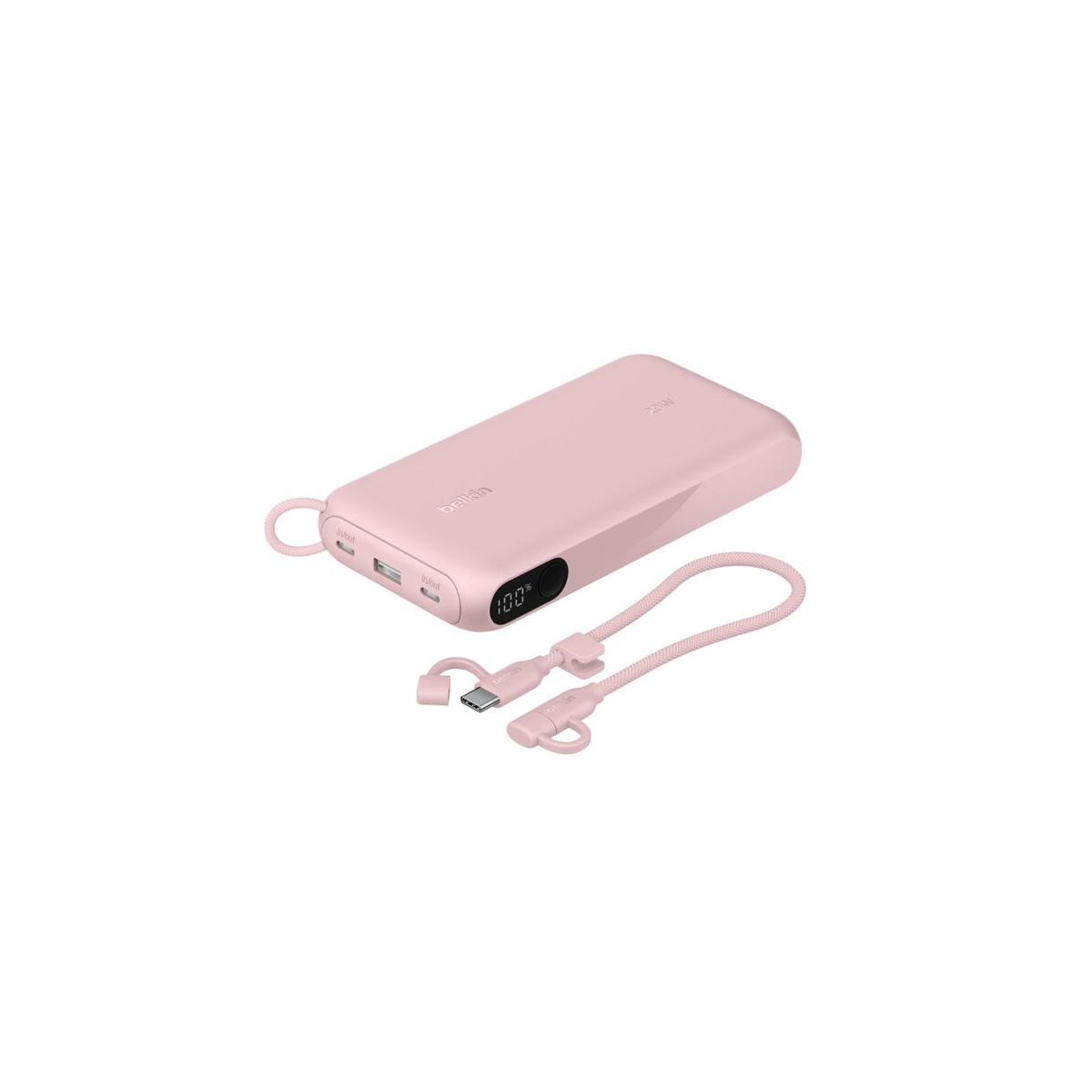 Un power bank rosa con display digitale al 100% e cavo di ricarica.