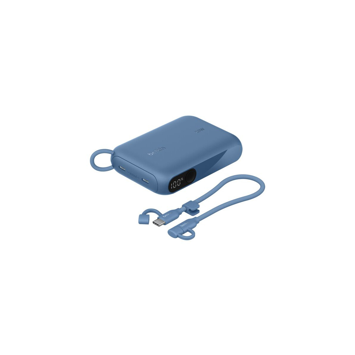 Yanında şarj kablosu olan, %100 gösteren mavi bir powerbank.