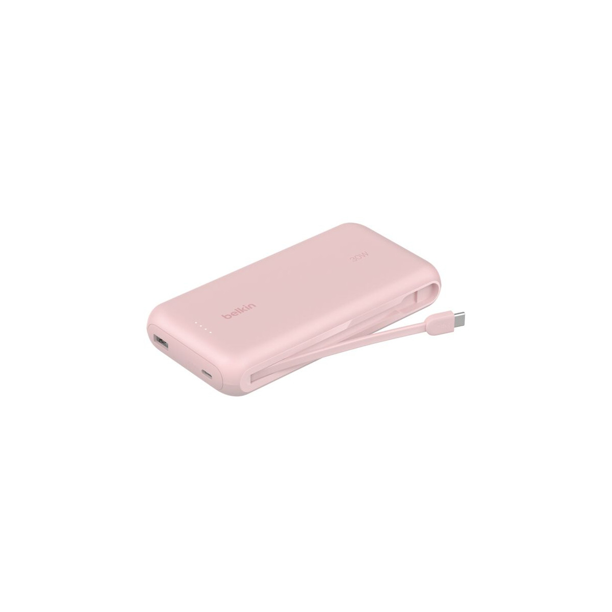 Un power bank rosa con cavo USB-C attaccato poggia su sfondo bianco.