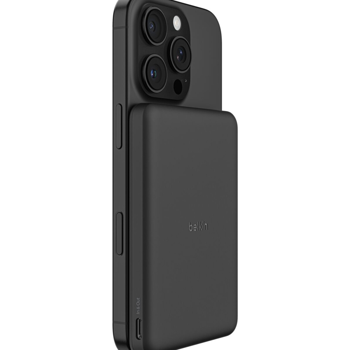 Arkasına siyah Belkin pil paketi takılmış siyah iPhone.