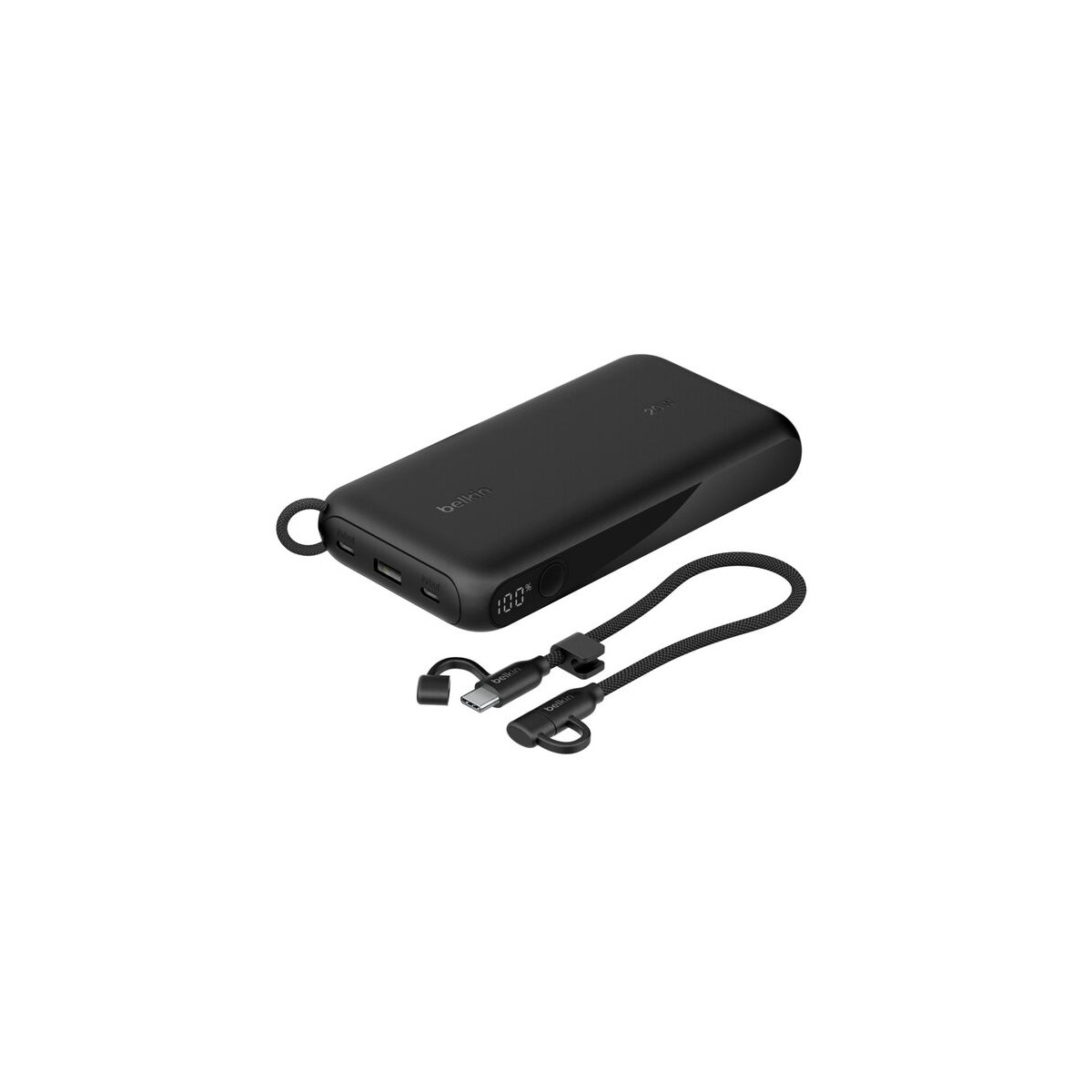 Power bank nero con indicatore batteria al 100% e cavo USB-C.