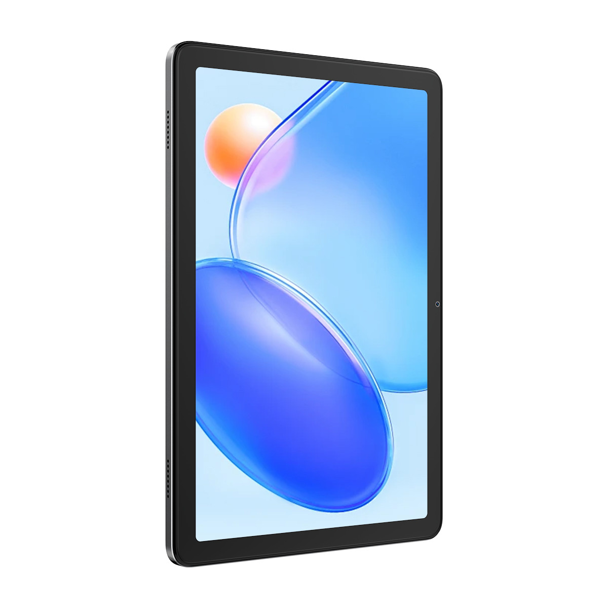 Soyut şekiller gösteren renkli ekrana sahip siyah bir tablet.