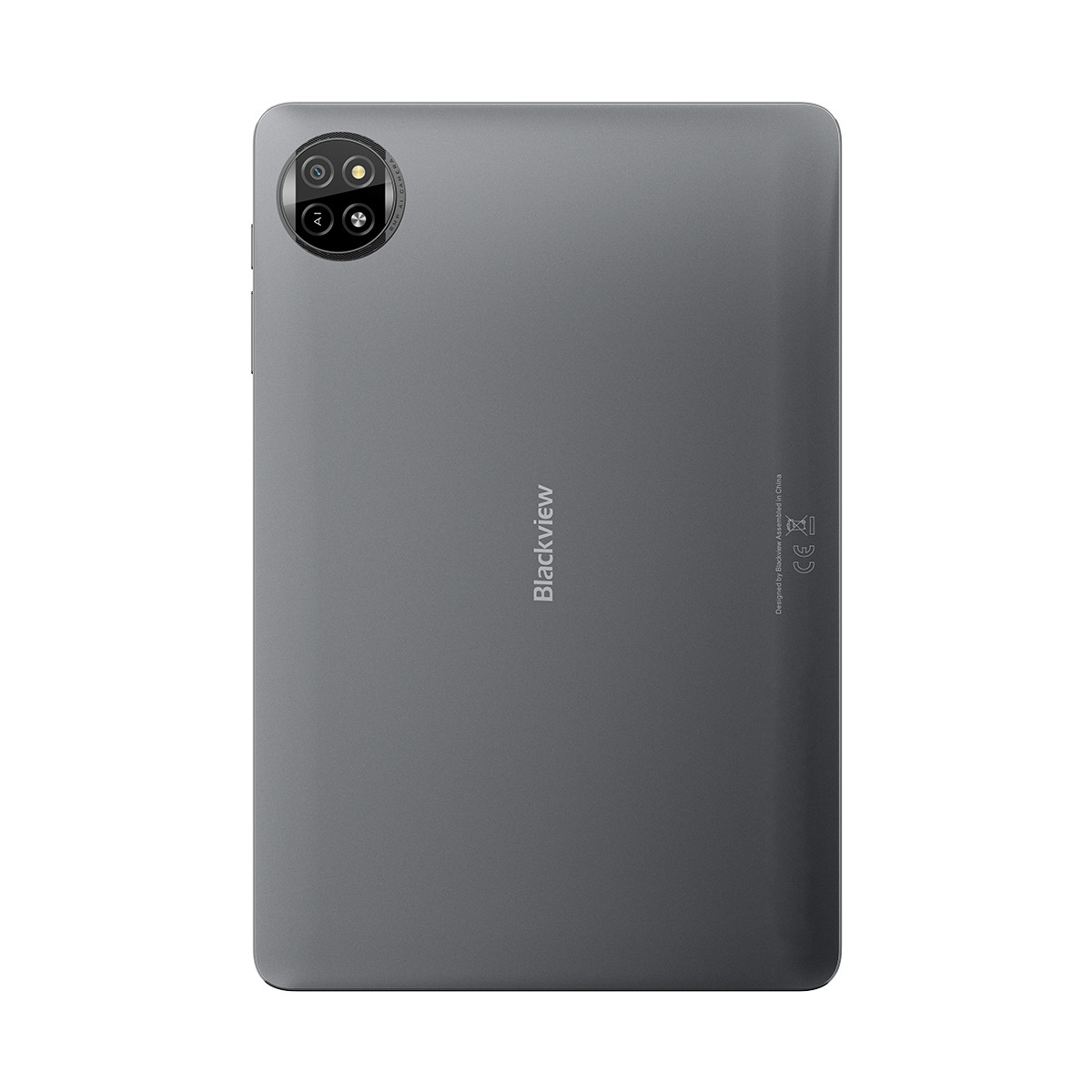 Çift kameralı ve logolu gri Blackview tabletin arkası.