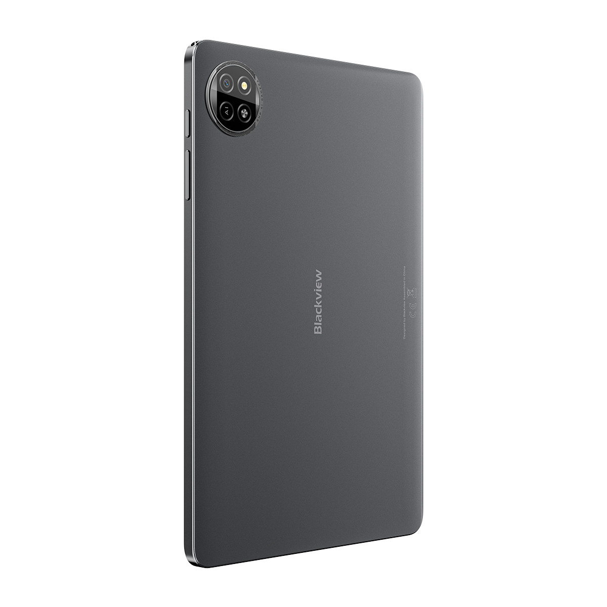 Yuvarlak kamera lensi ve logosu olan gri Blackview tabletin arka görünümü.