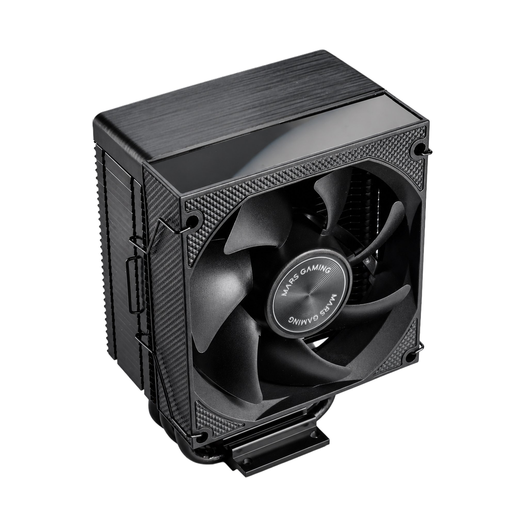 Disipador de CPU negro con ventilador y aletas de refrigeración.