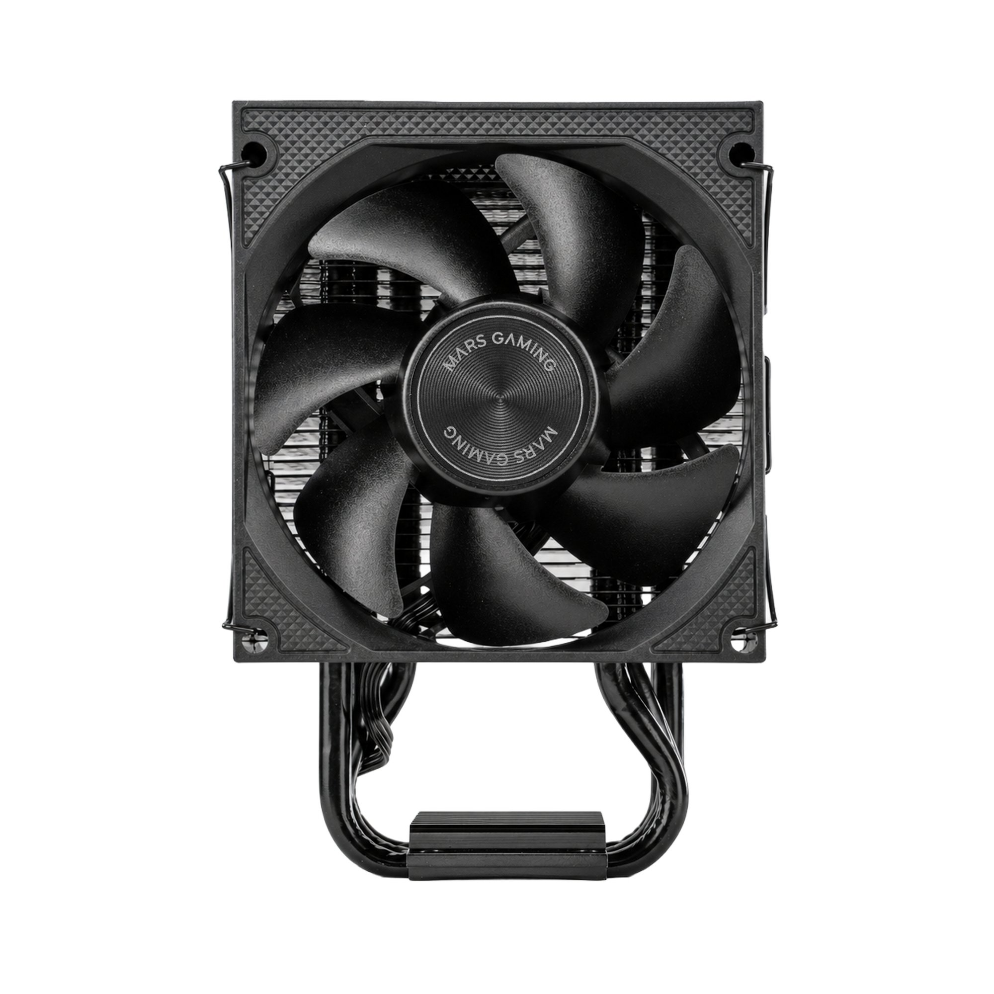 Un enfriador de CPU negro con ventilador y tubos de cobre sobre fondo blanco.