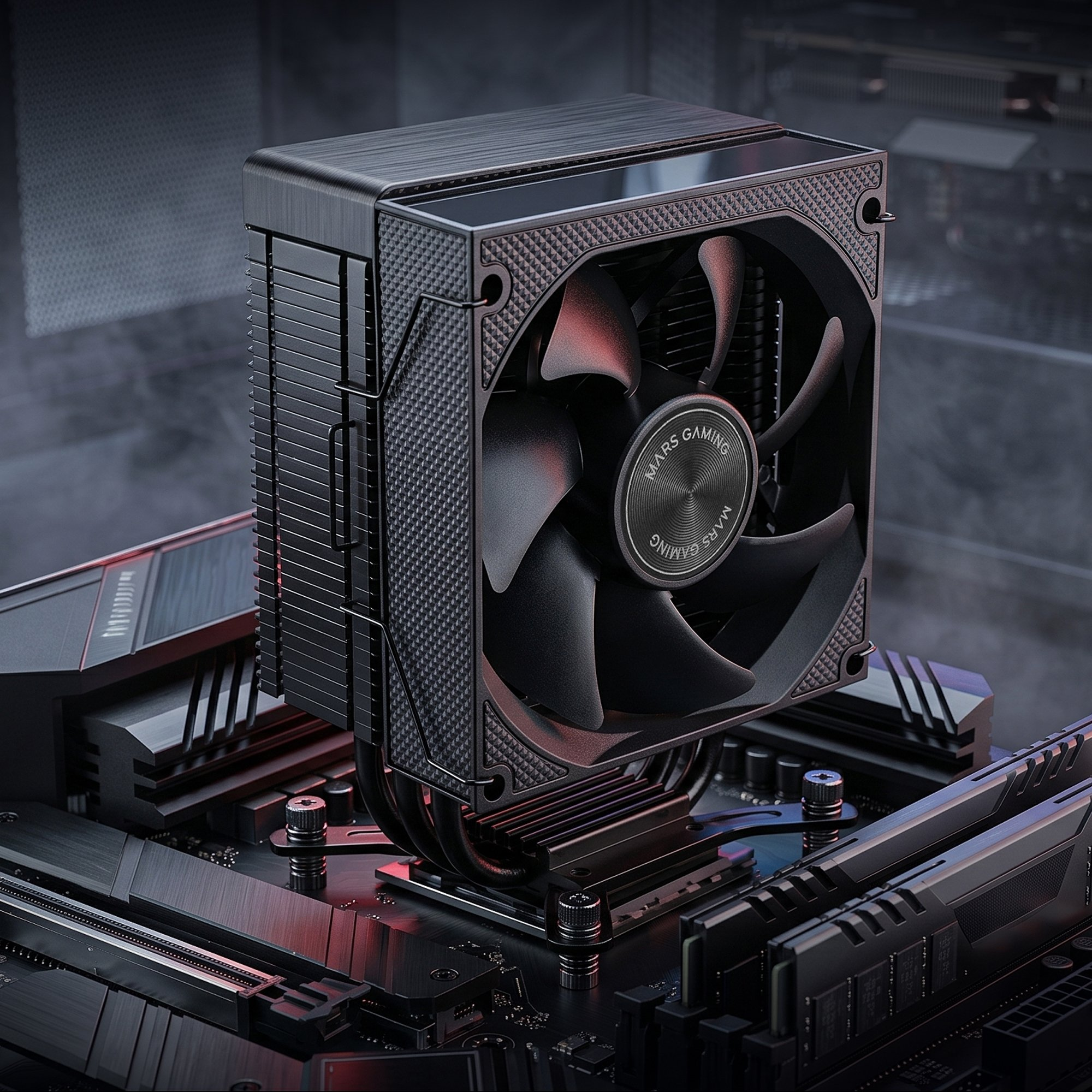 Un disipador de CPU de ordenador negro con ventilador sobre una placa base.