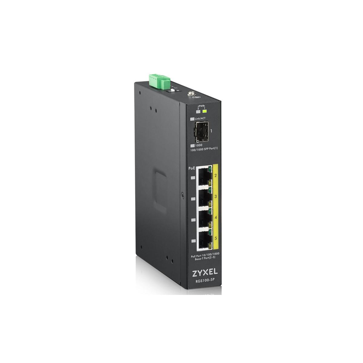 Een Zyxel RGS100-5P switch met vijf poorten, één SFP-poort en PoE.