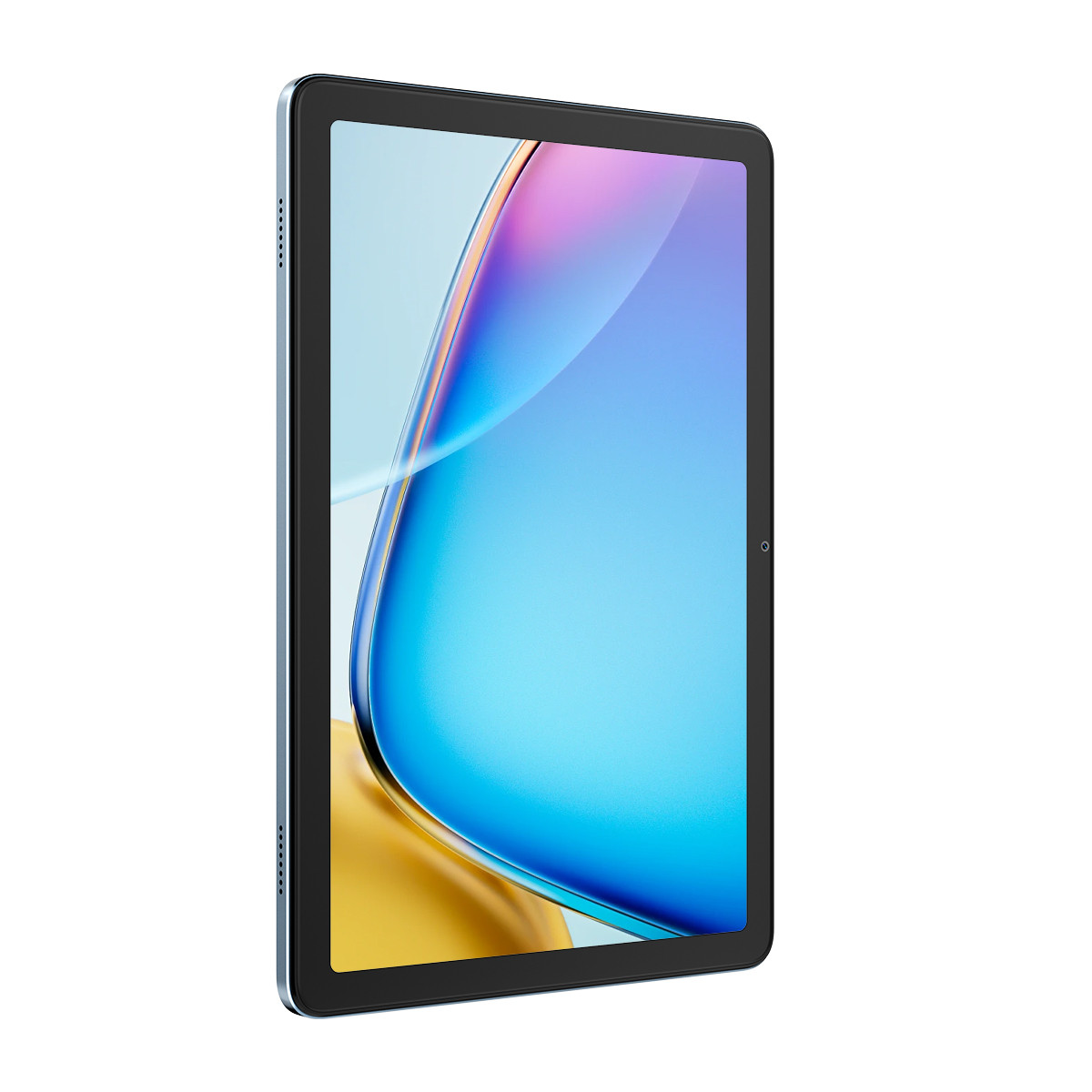 Ekranında mavi ve altın rengi arka plana sahip şık bir tablet.