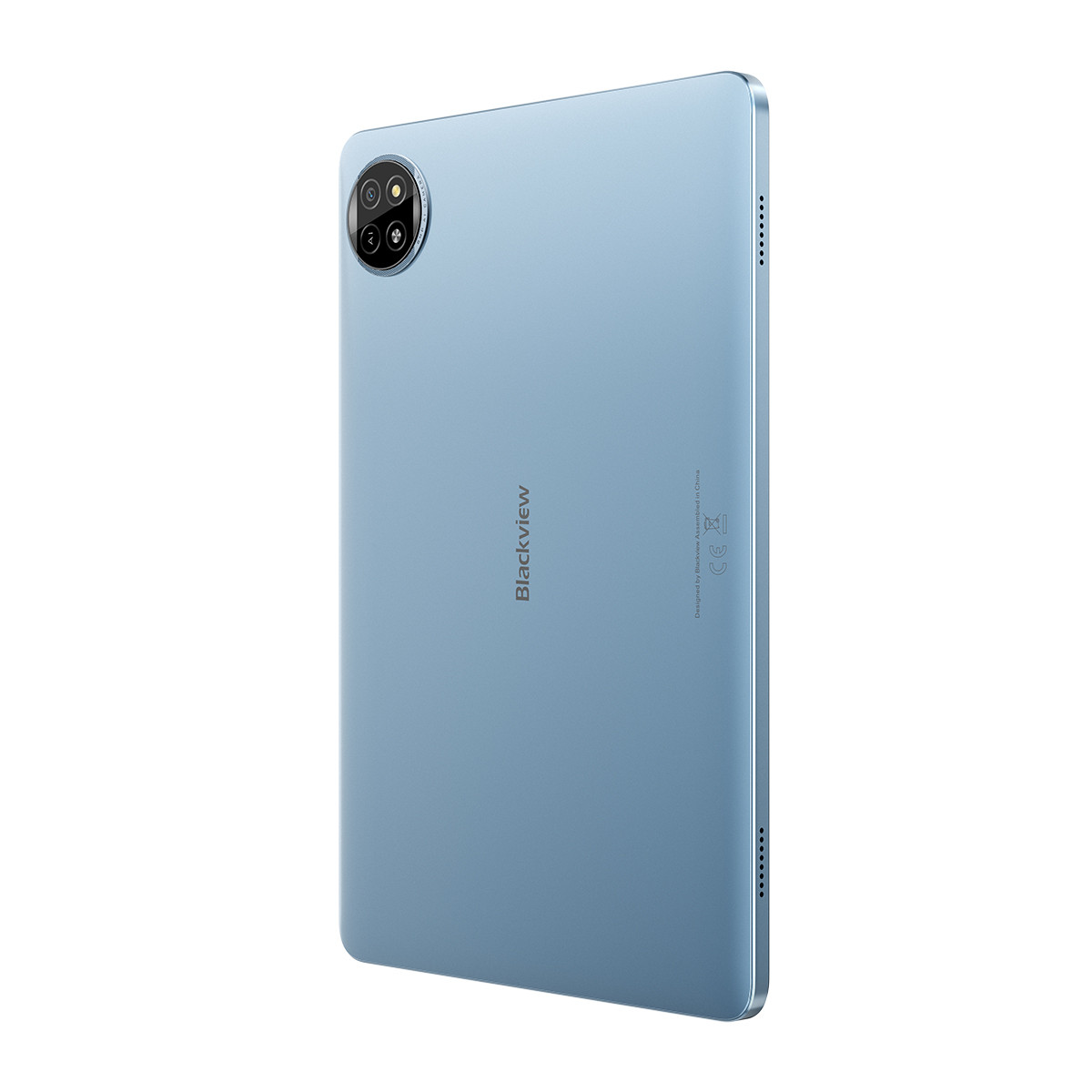 Arkadan gösterilen açık mavi Blackview tablet, kamera çıkıntısı ve markasıyla.