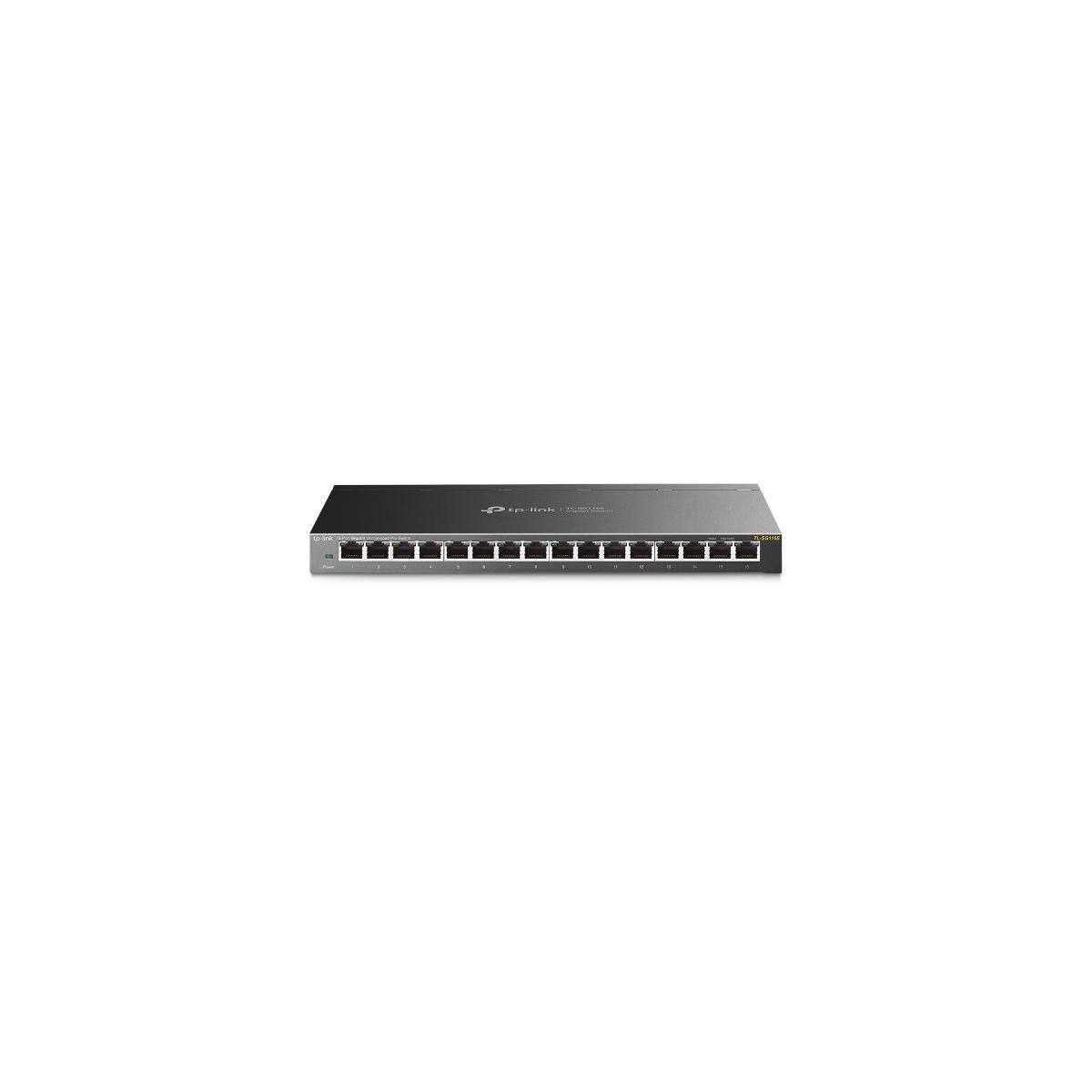 Ein schmaler, grauer Netzwerk-Switch mit vielen Anschlüssen und dem TP-Link-Logo.