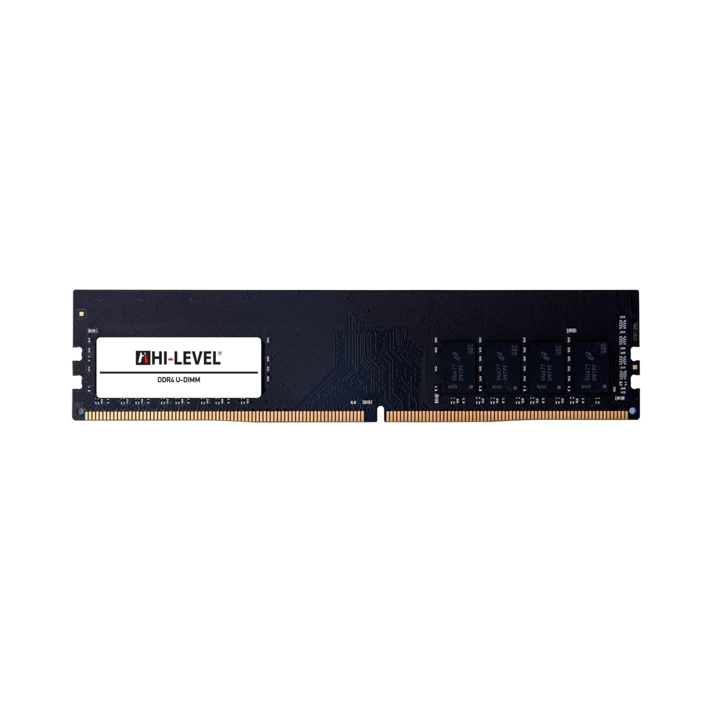 Gümüş HI-LEVEL logo etiketli siyah DDR4 U-DIMM bellek çubuğu.