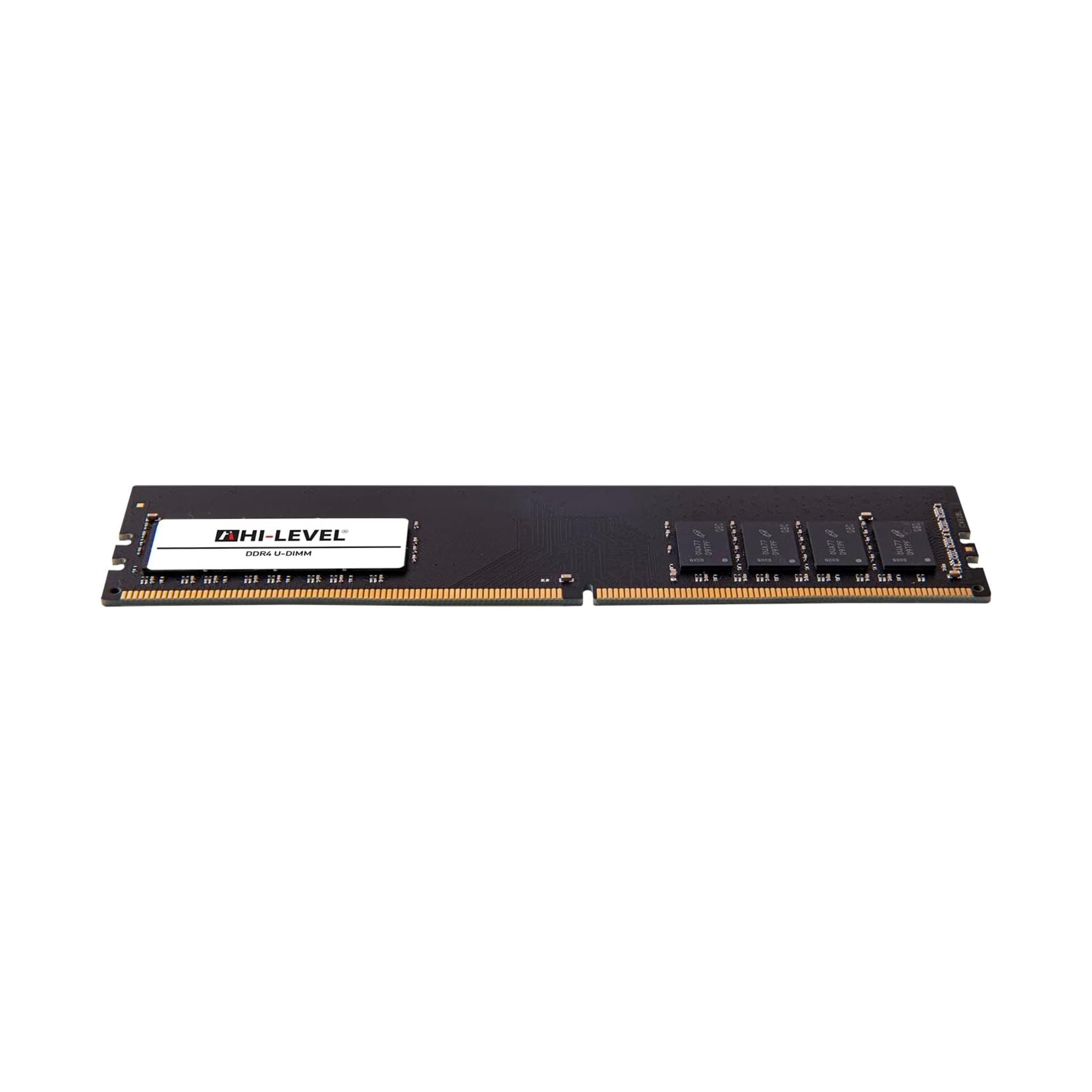Beyaz arka plan üzerinde HI-LEVEL logolu siyah DDR4 U-DIMM bellek.