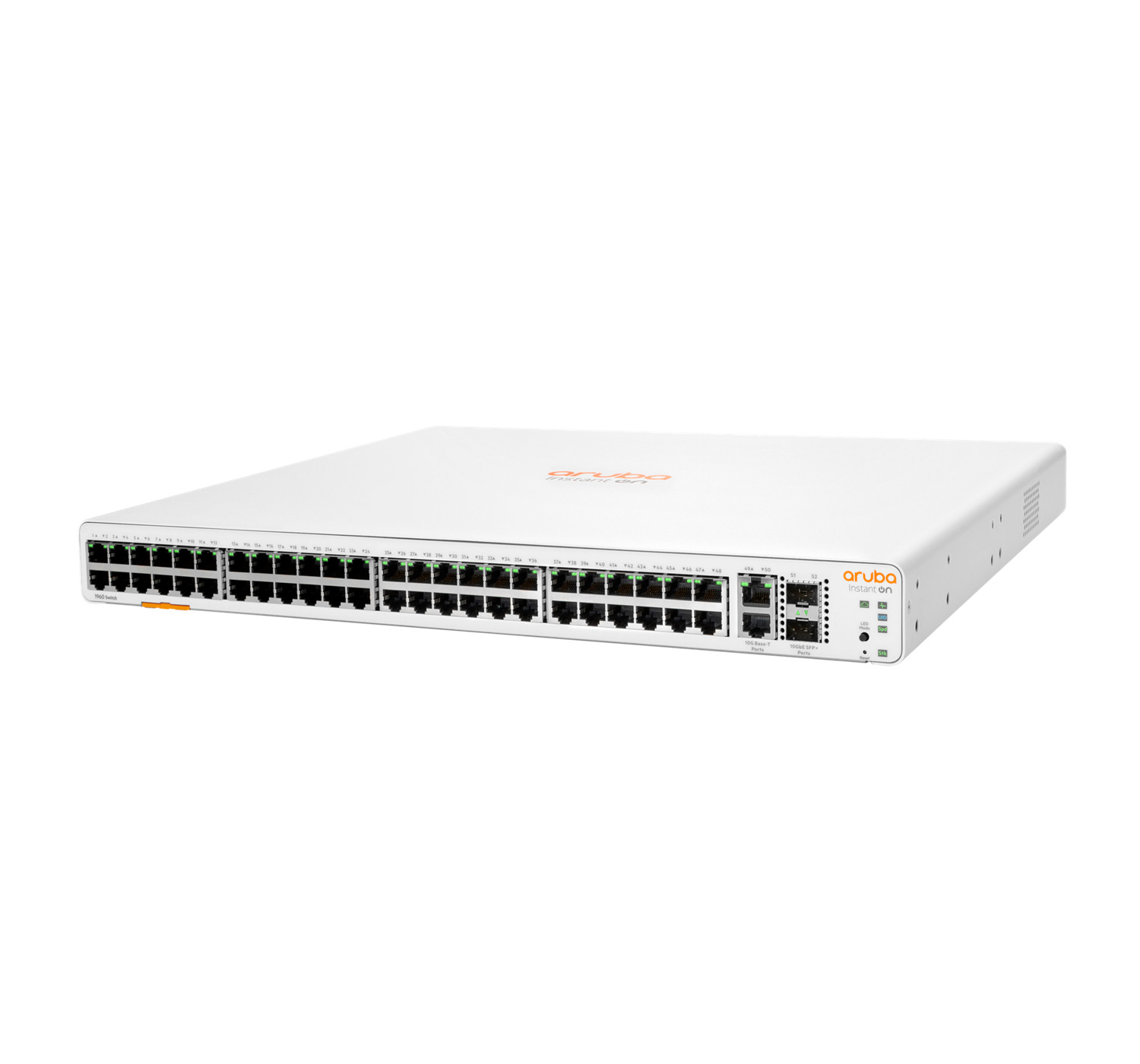 Een witte Aruba Instant On 48-poorts switch met veel Ethernet-poorten.