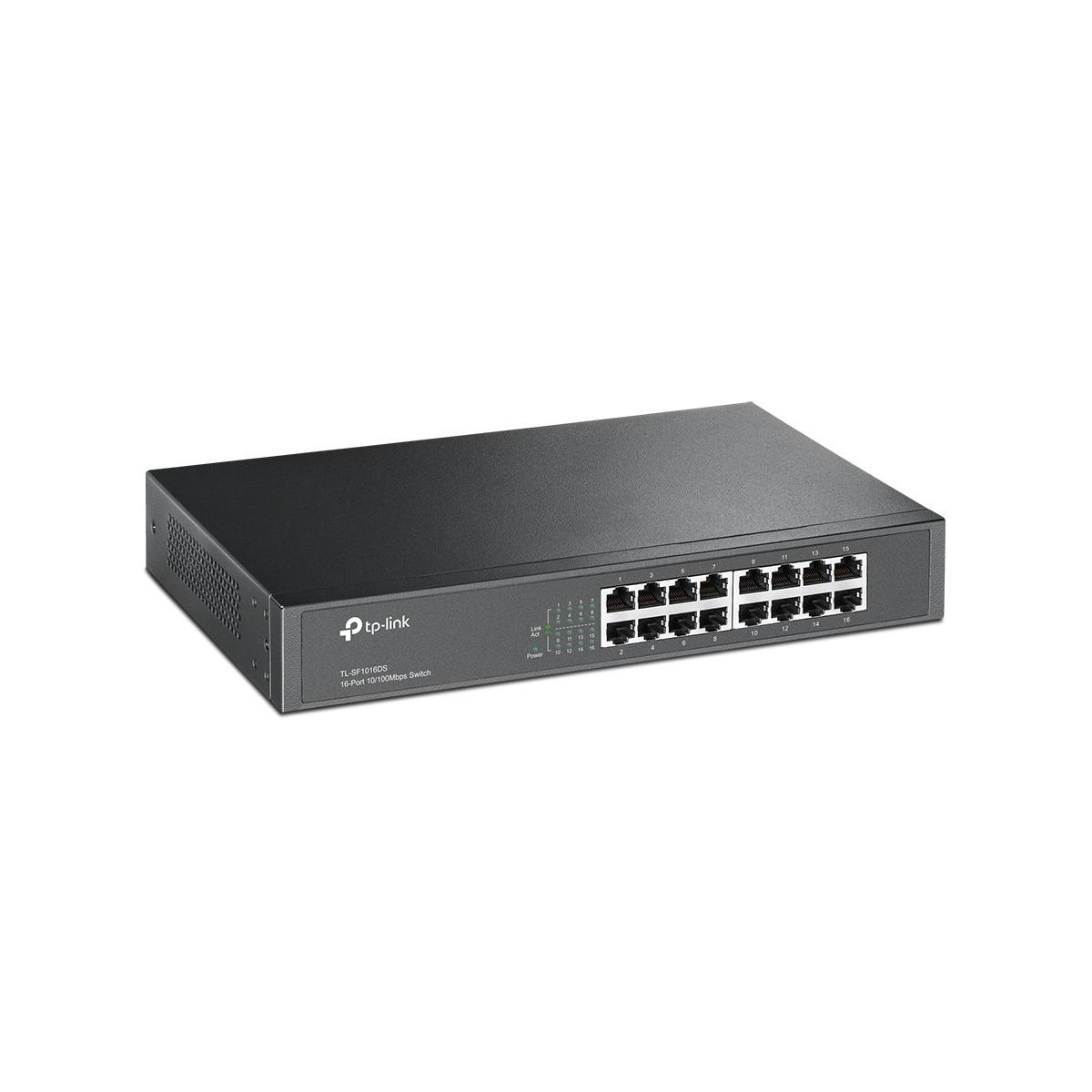 Ein schwarzer TP-Link 16-Port 10/100Mbps Switch mit vielen Anschlüssen.