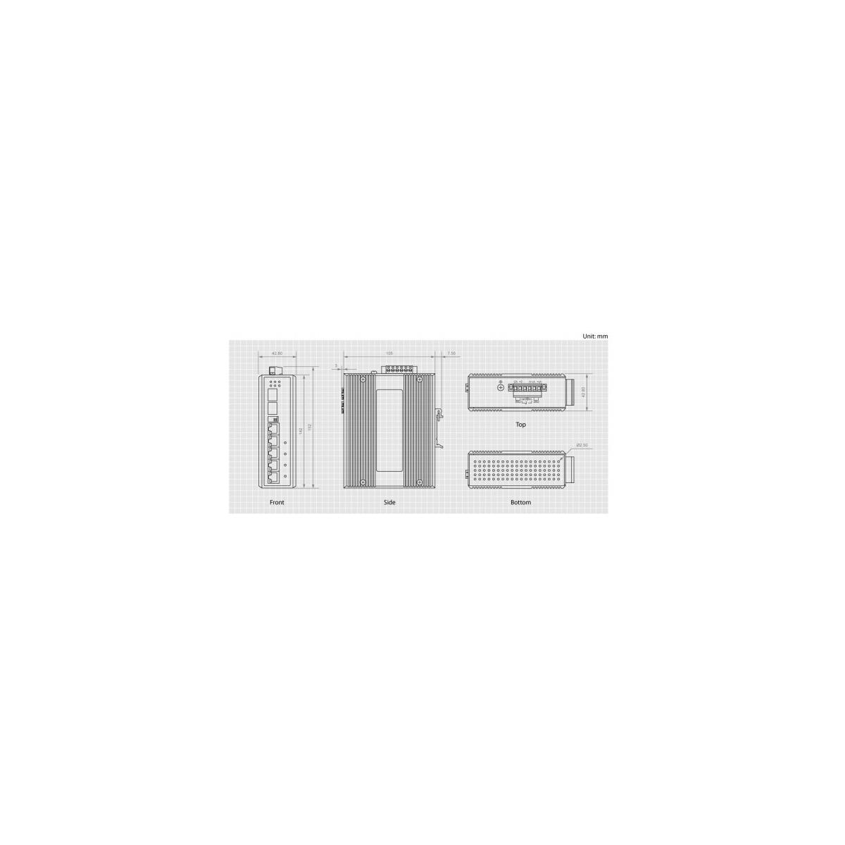 Disegno tecnico di un dispositivo che mostra viste frontale, laterale, superiore e inferiore.