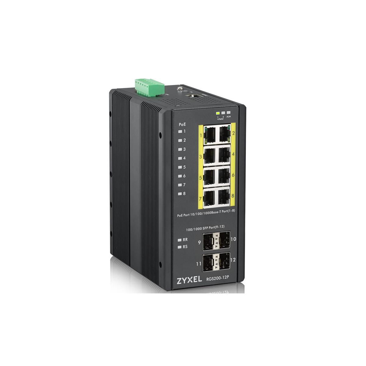 Een zwarte Zyxel RGS200-12P netwerkswitch met PoE- en SFP-poorten.