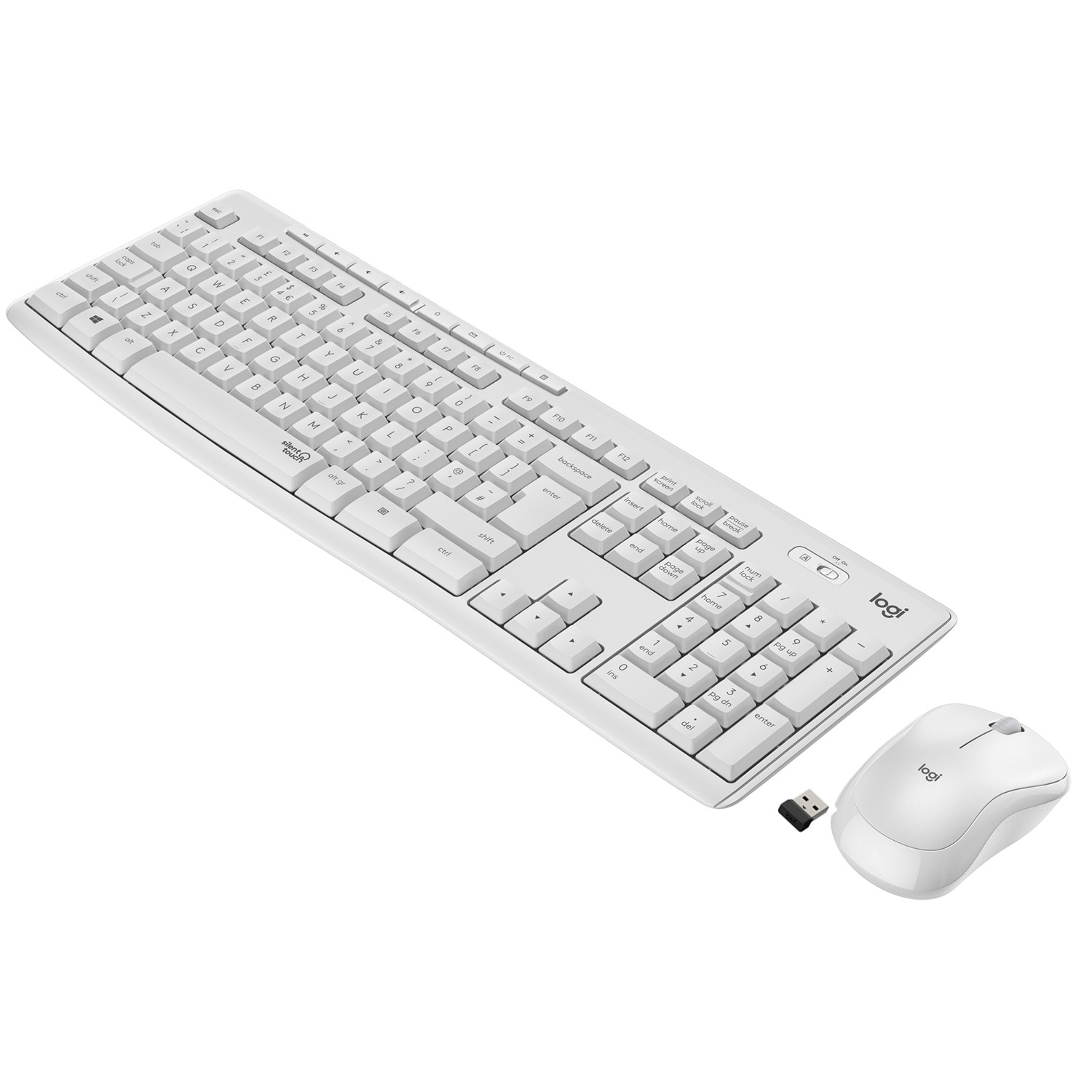 Un set blanco de teclado y ratón Logitech con receptor USB.