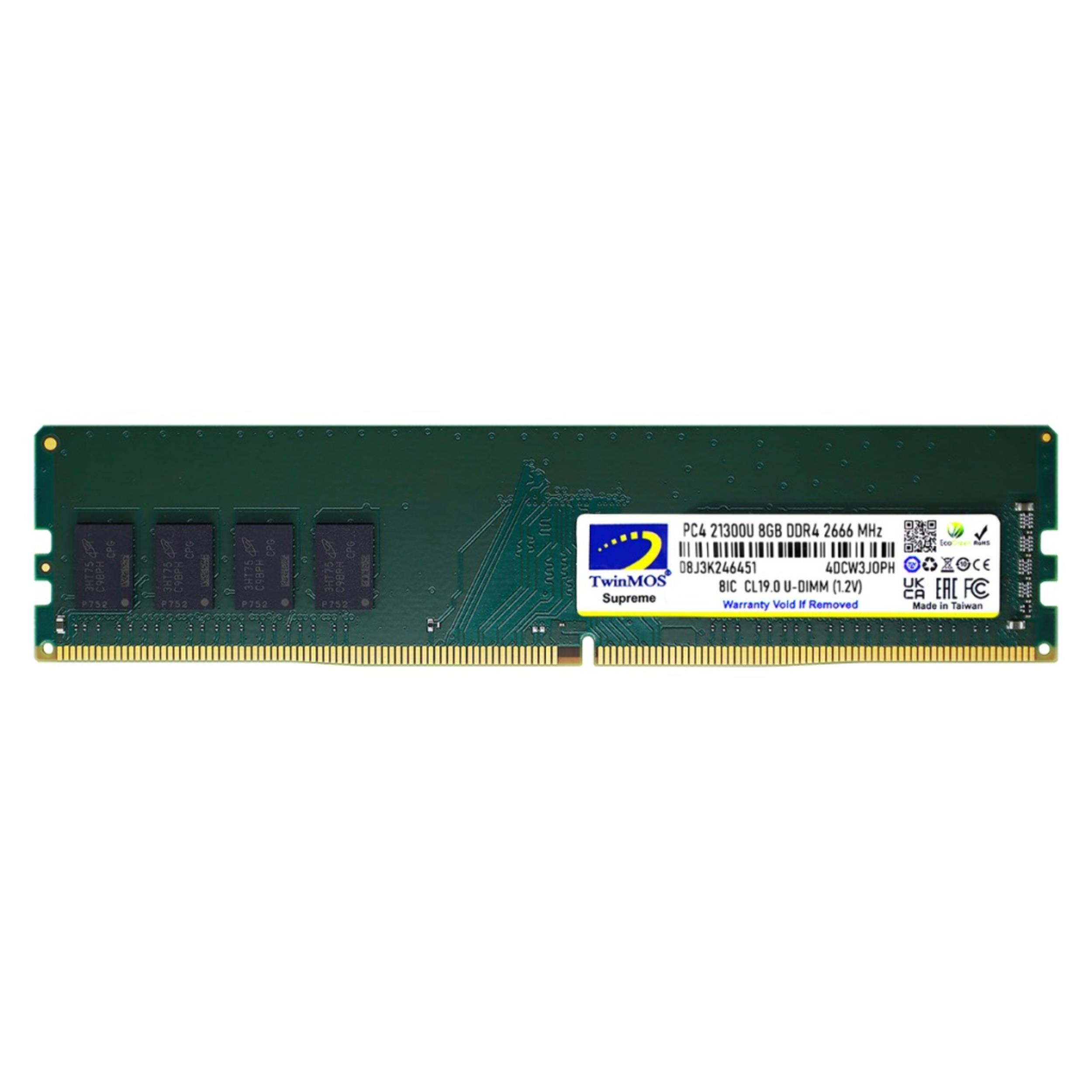 Etiketli yeşil DDR4 RAM modülü: 8GB 2666MHz, TwinMOS Supreme.