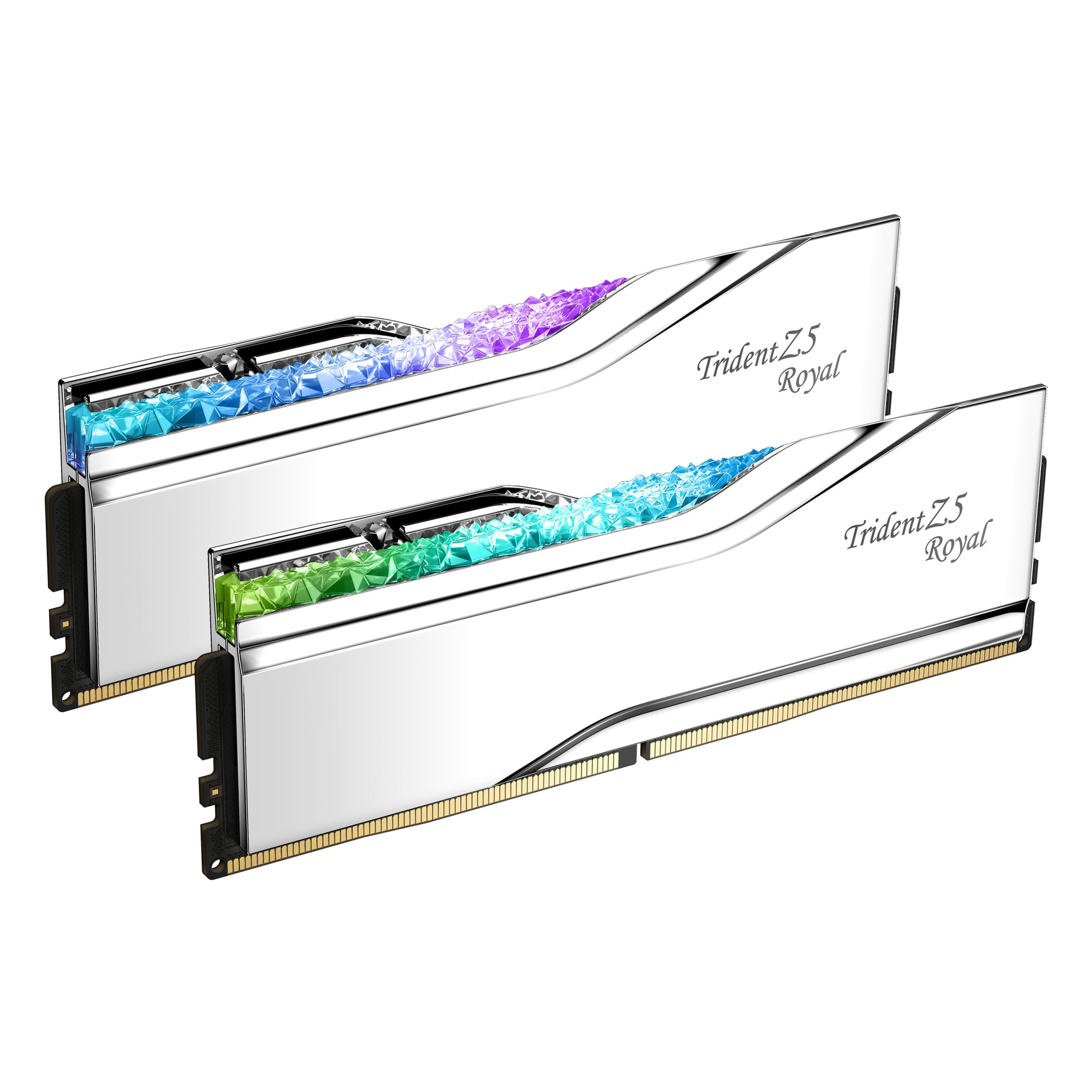 Due moduli RAM Trident Z5 Royal bianchi con illuminazione RGB blu e viola.